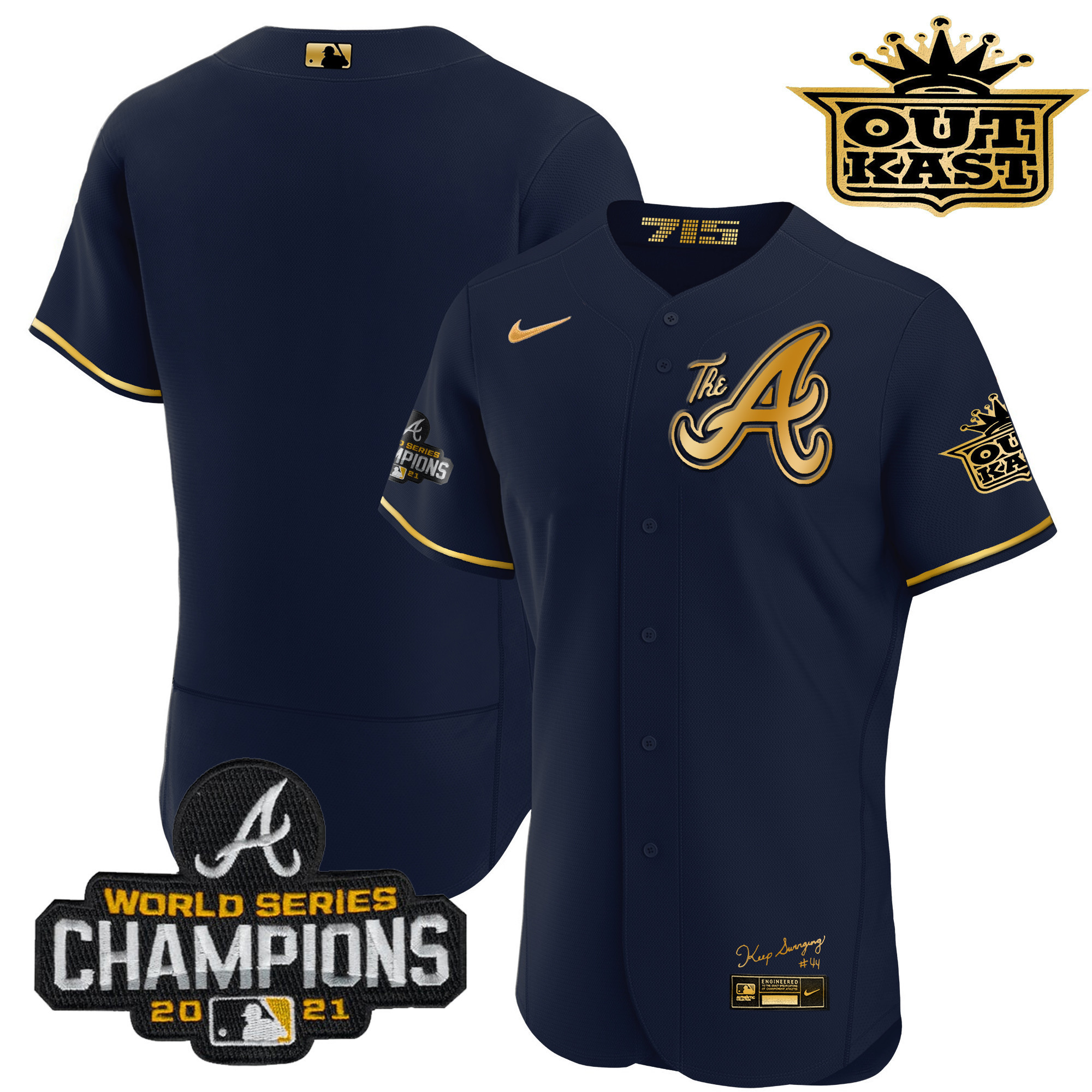 Team Men's Atlanta Braves Outkast Gold The A Flex Base Navy Gold Jersey - All Stitched