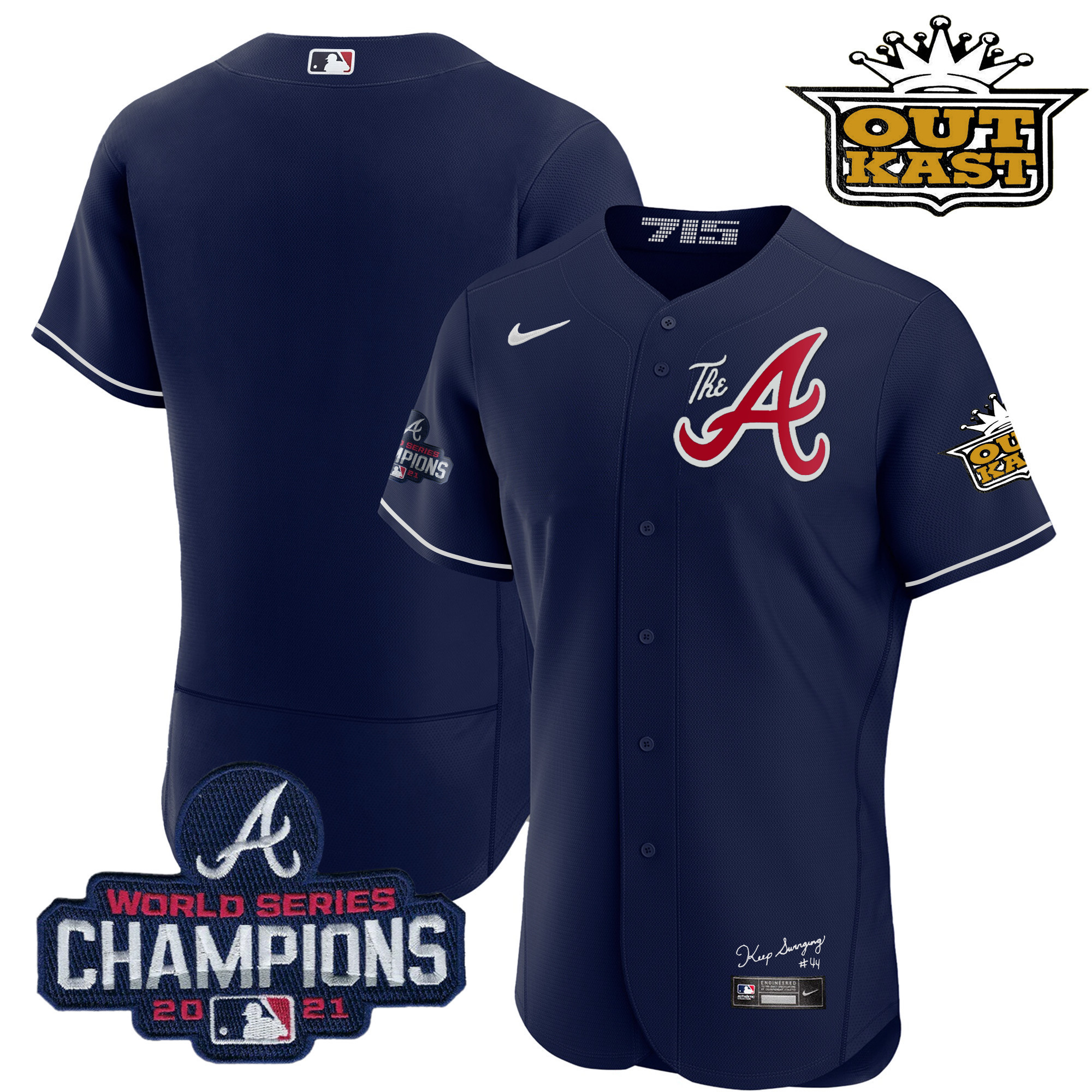 Team Men's Atlanta Braves Outkast Gold The A Flex Base Navy Jersey - All Stitched