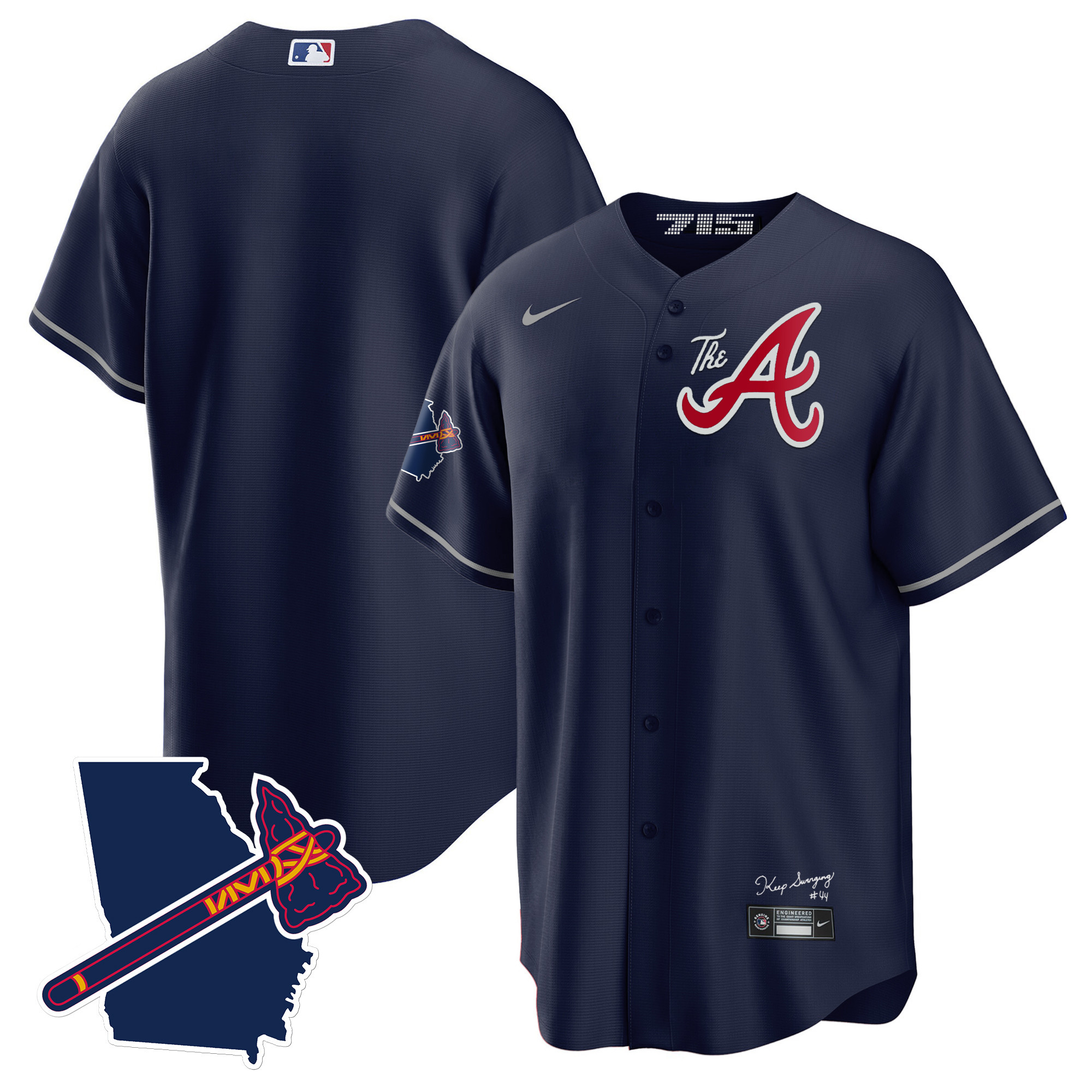 Team Men's Atlanta Braves The A Gold Cool Base - Georgia Patch Navy Jersey - All Stitched