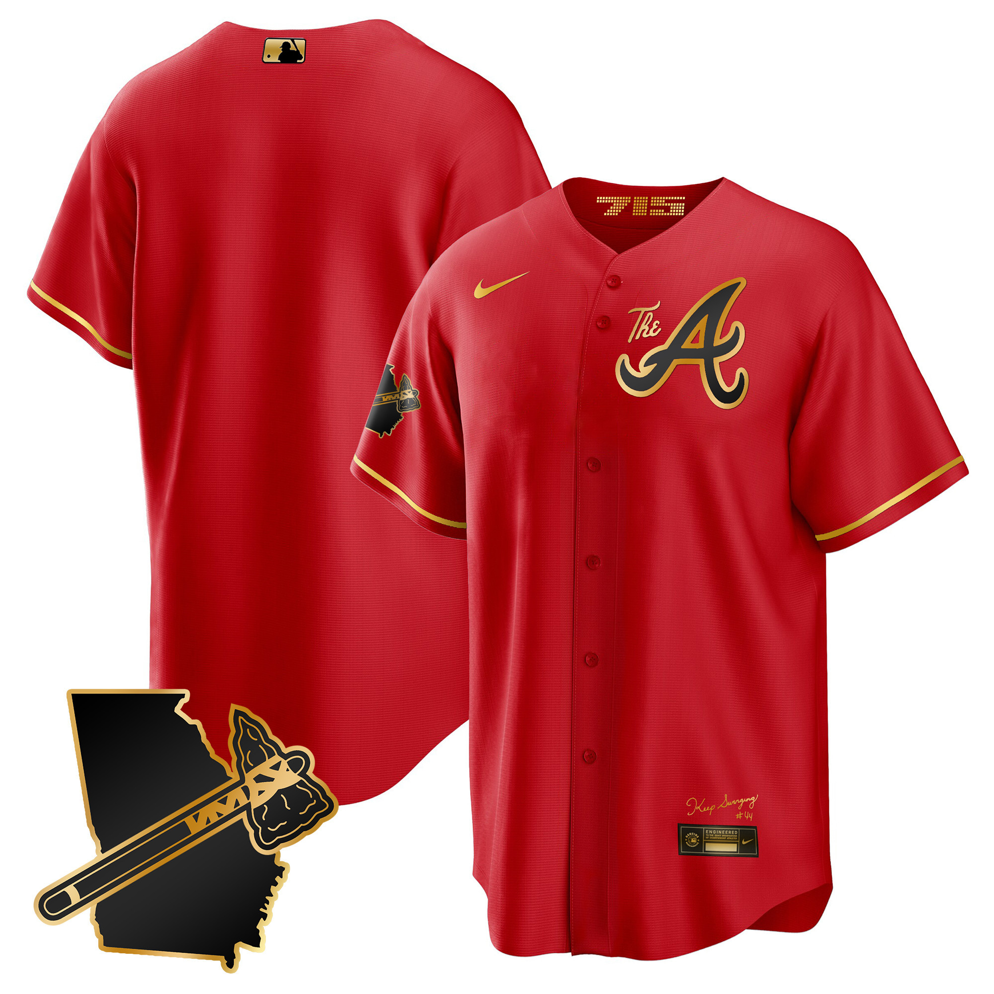 Team Men's Atlanta Braves The A Gold Cool Base - Georgia Patch Red Gold Jersey - All Stitched