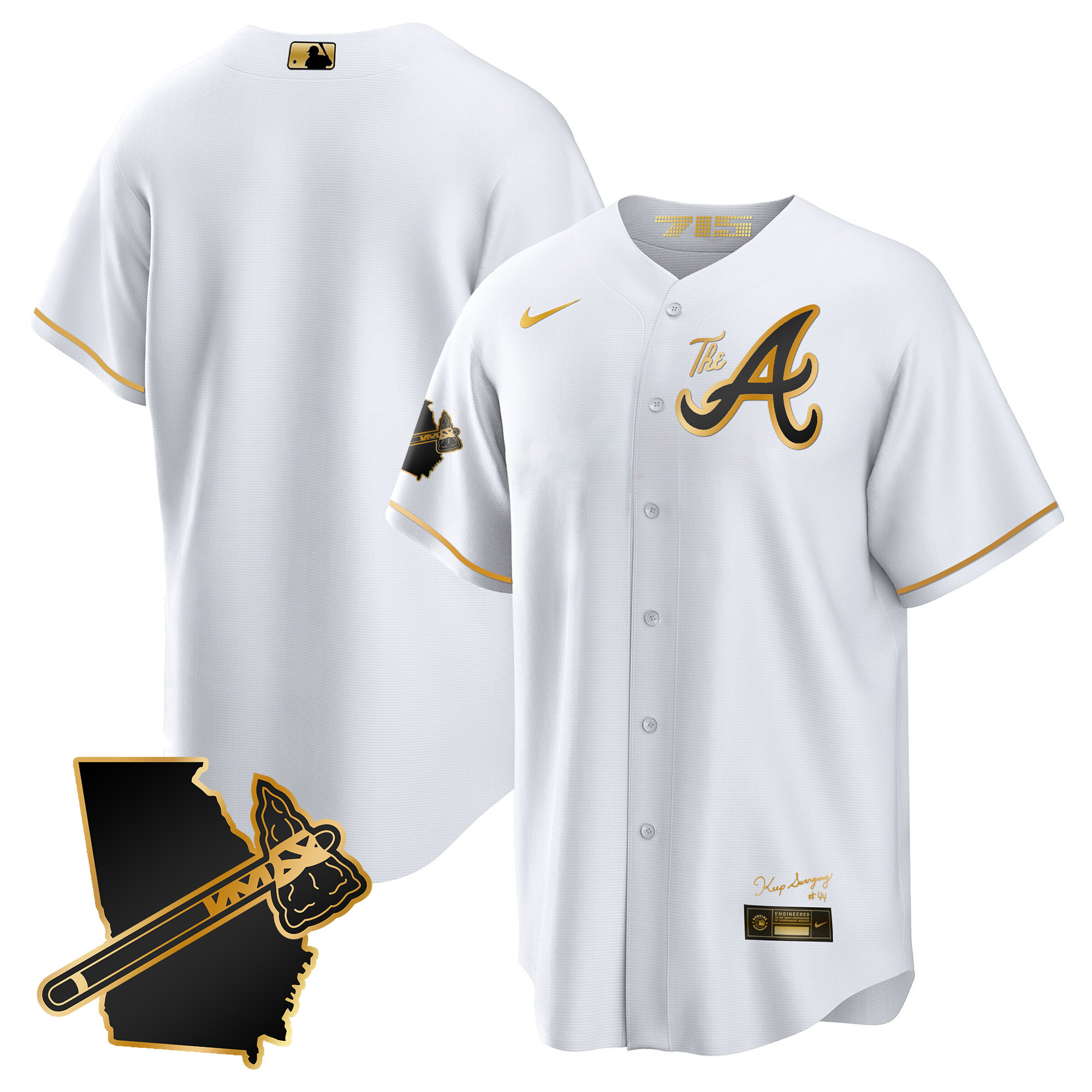 Team Men's Atlanta Braves The A Gold Cool Base - Georgia Patch White Gold Jersey - All Stitched
