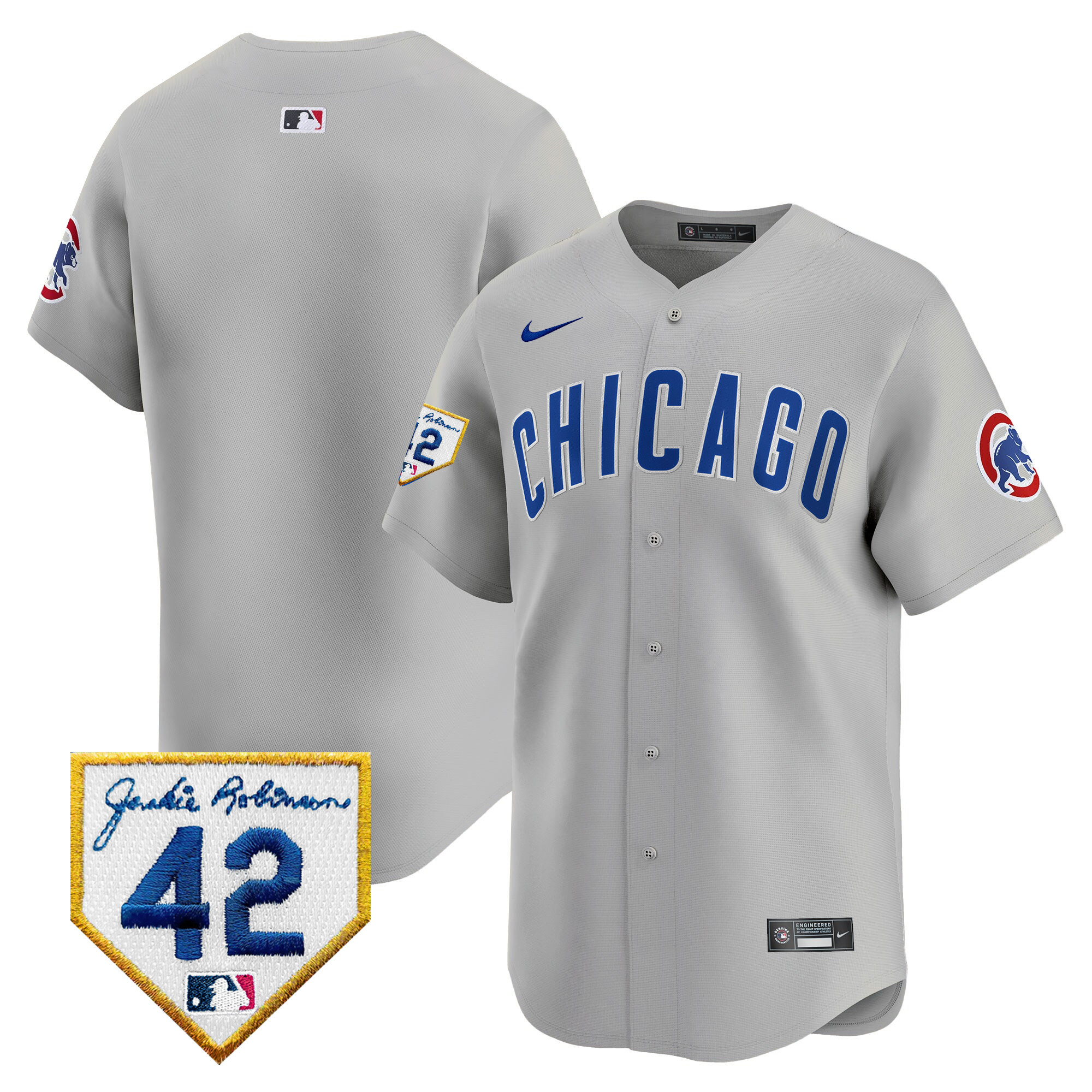 Team Men's Chicago Cubs 2024 Jackie Robinson Patch Vapor Premier Limited Gray Road Jersey - All Stitched
