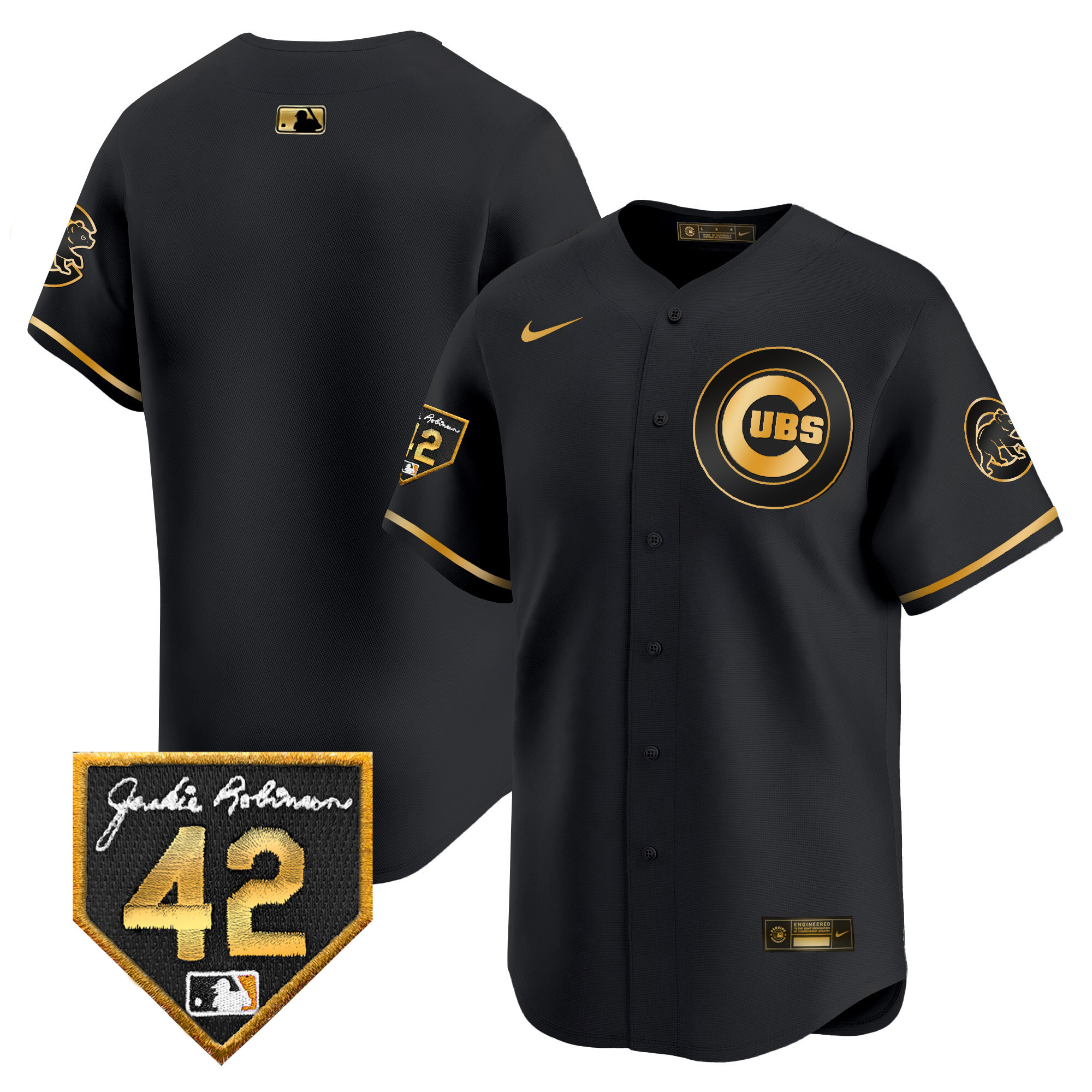 Team Men's Chicago Cubs 2024 Jackie Robinson Patch Vapor Premier Limited V2 Black Gold Jersey - All Stitched