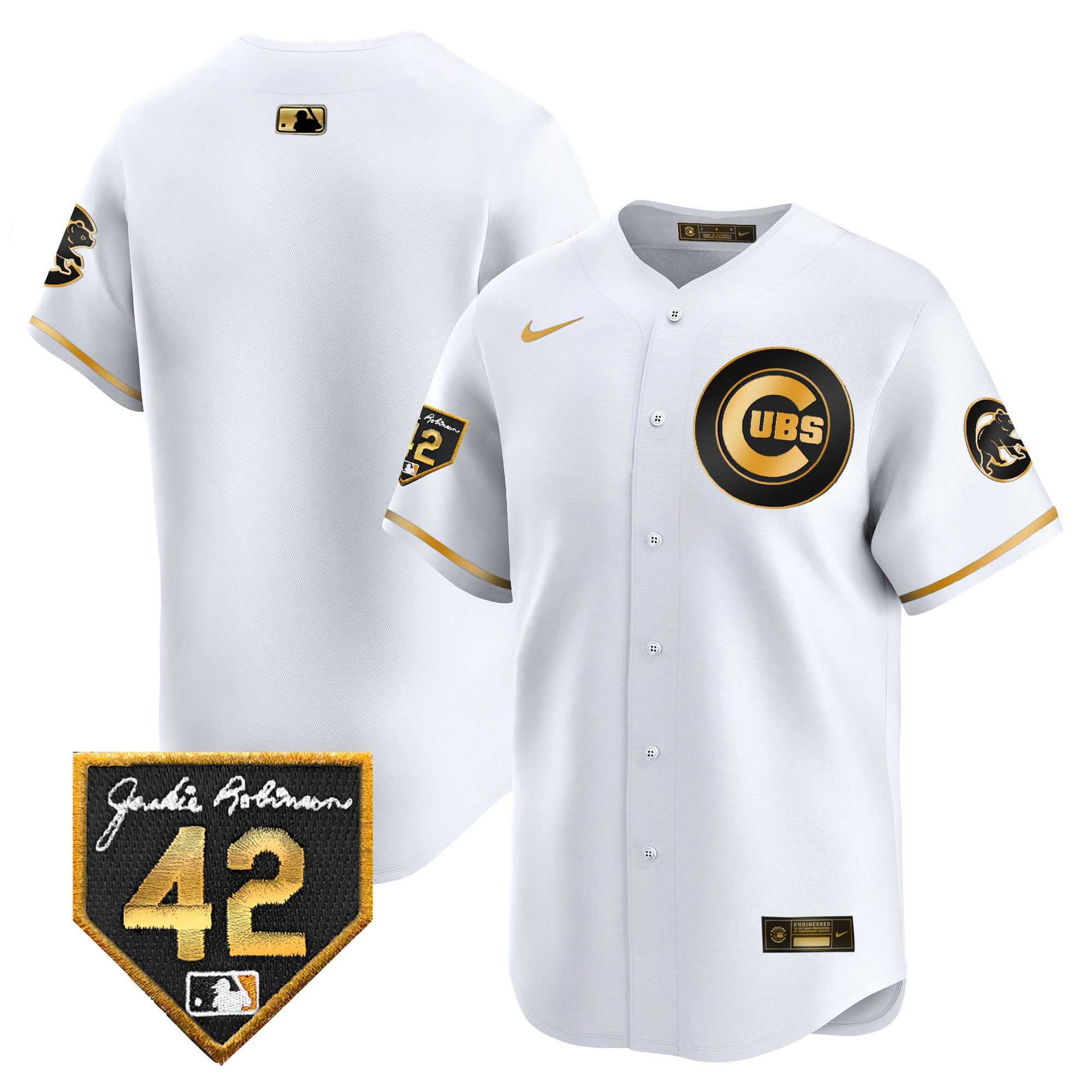 Team Men's Chicago Cubs 2024 Jackie Robinson Patch Vapor Premier Limited V2 White Gold Jersey - All Stitched