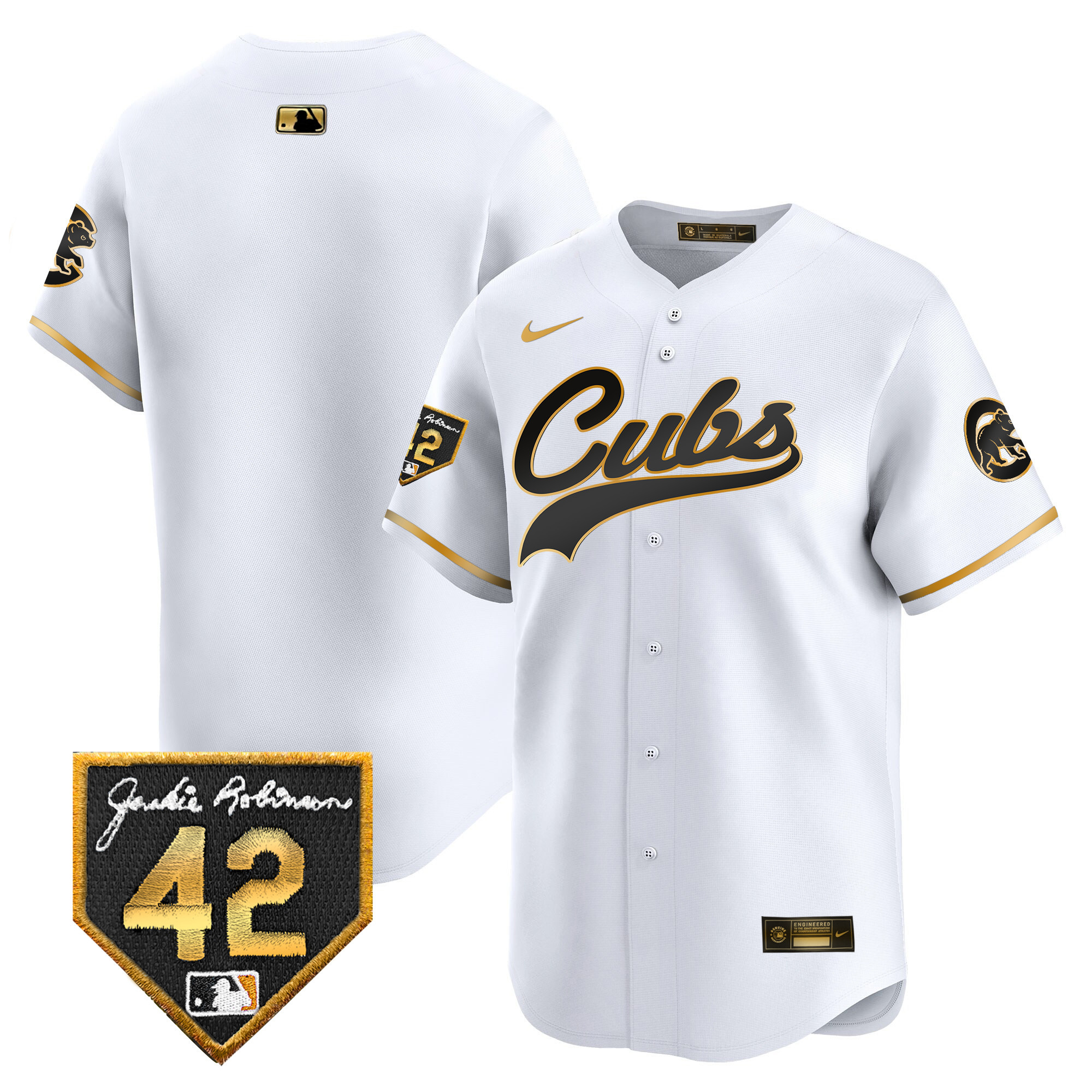Team Men's Chicago Cubs 2024 Jackie Robinson Patch Vapor Premier Limited White Gold Jersey - All Stitched