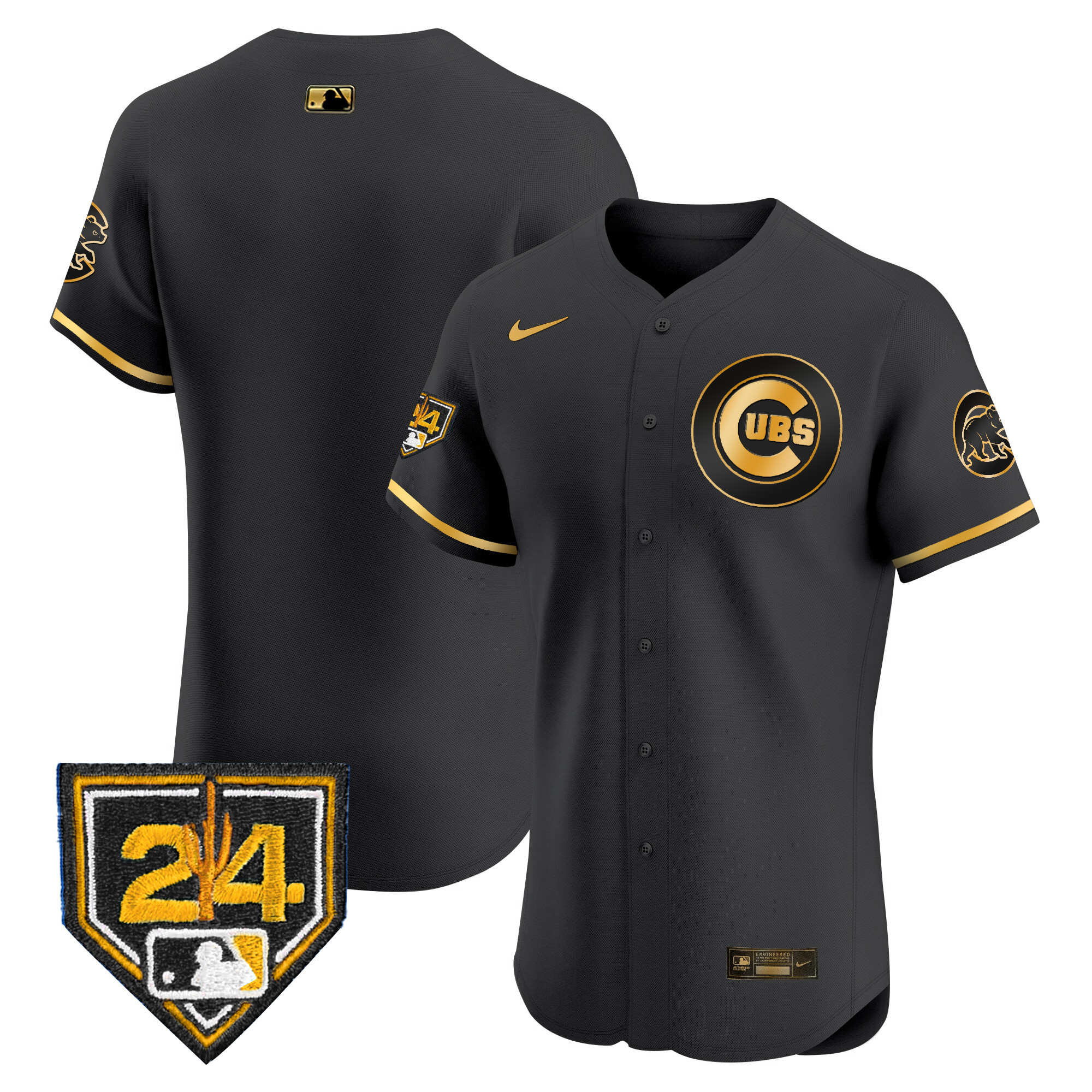 Team Men's Chicago Cubs 2024 Spring Training Patch Vapor Premier Elite V2 Black Gold Jersey - All Stitched