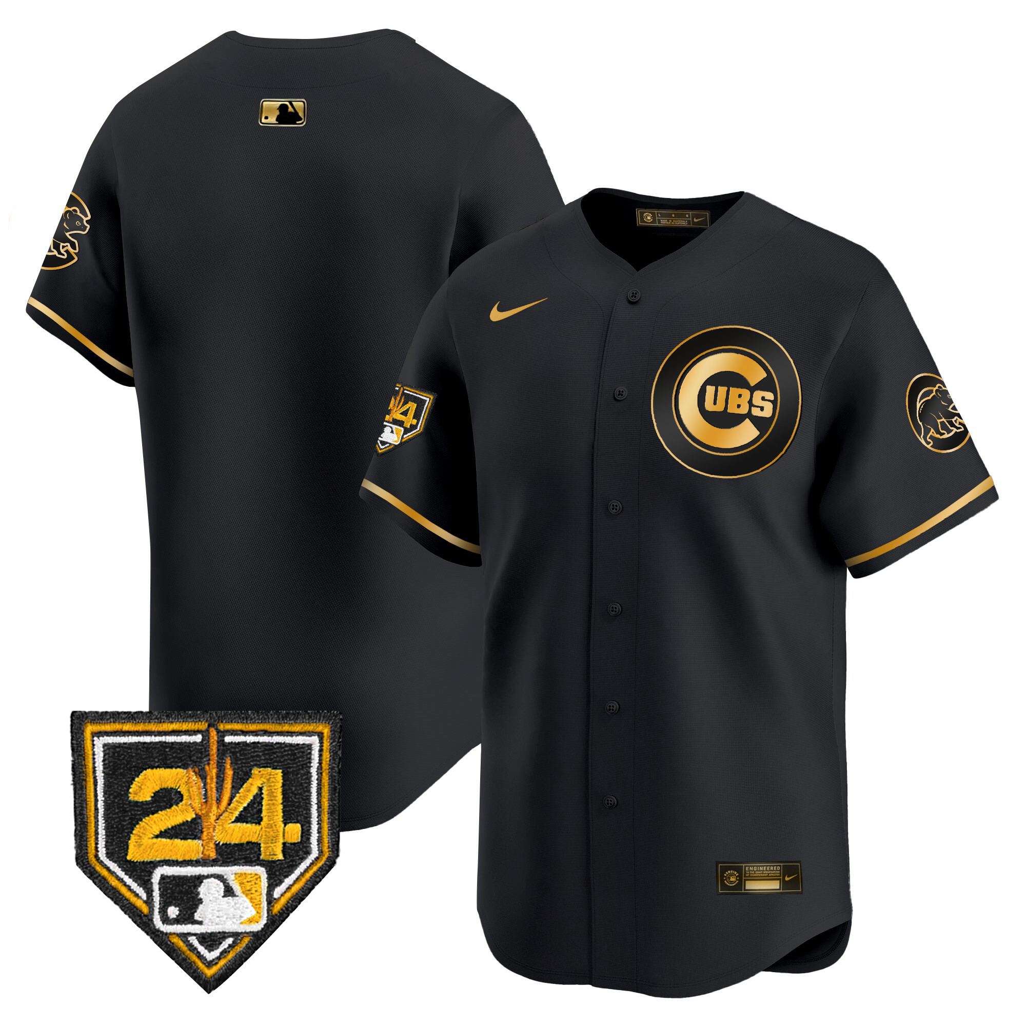Team Men's Chicago Cubs 2024 Spring Training Patch Vapor Premier Limited V2 Black Gold Jersey - All Stitched