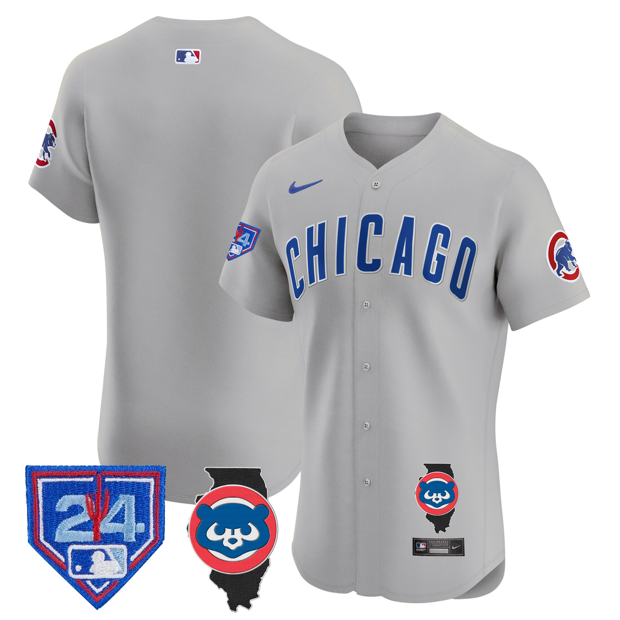 Team Men's Chicago Cubs Spring Training & Illinois Patch Vapor Premier Elite Gray Road Jersey - All Stitched