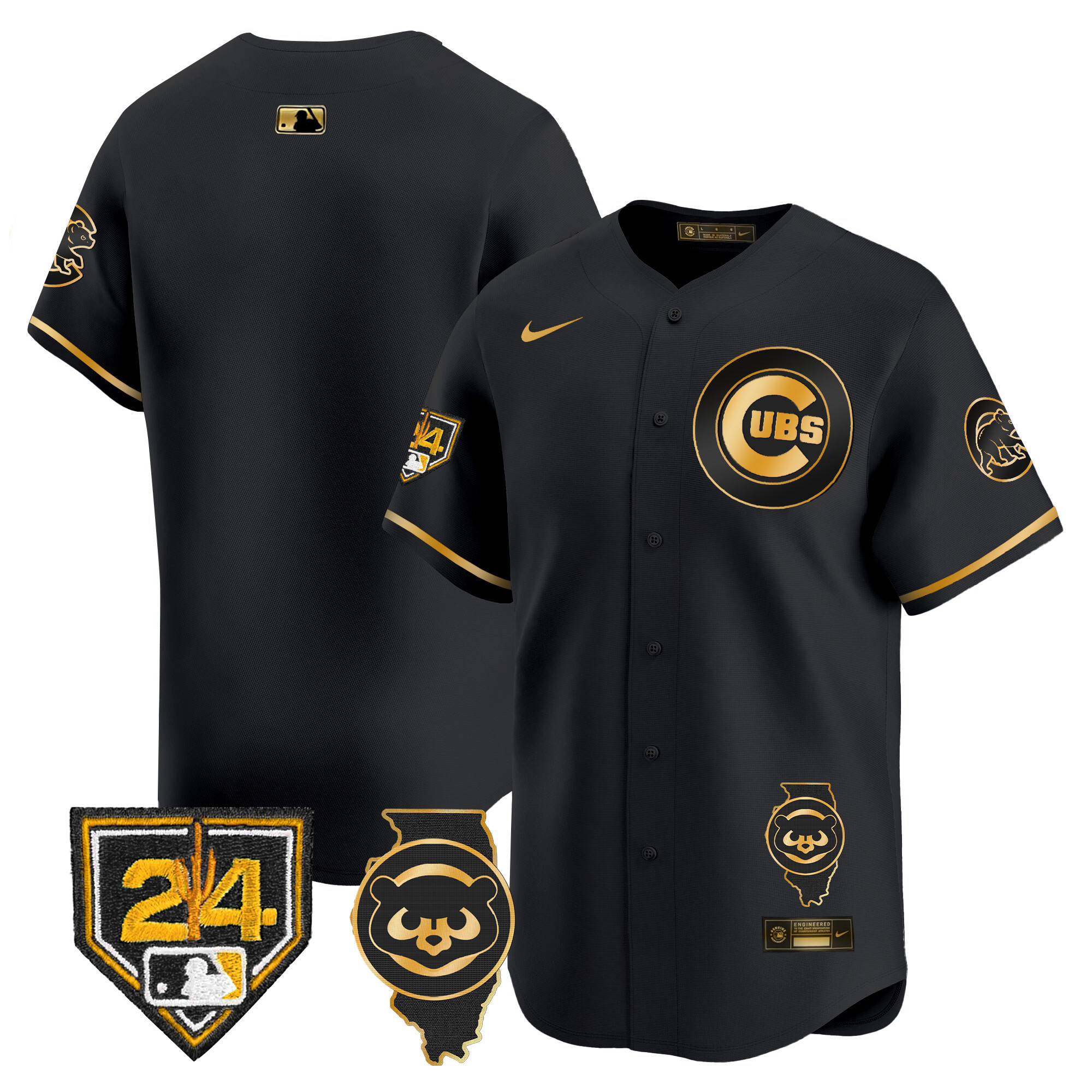 Team Men's Chicago Cubs Spring Training & Illinois Patch Vapor Premier Limited Black Gold Jersey - All Stitched