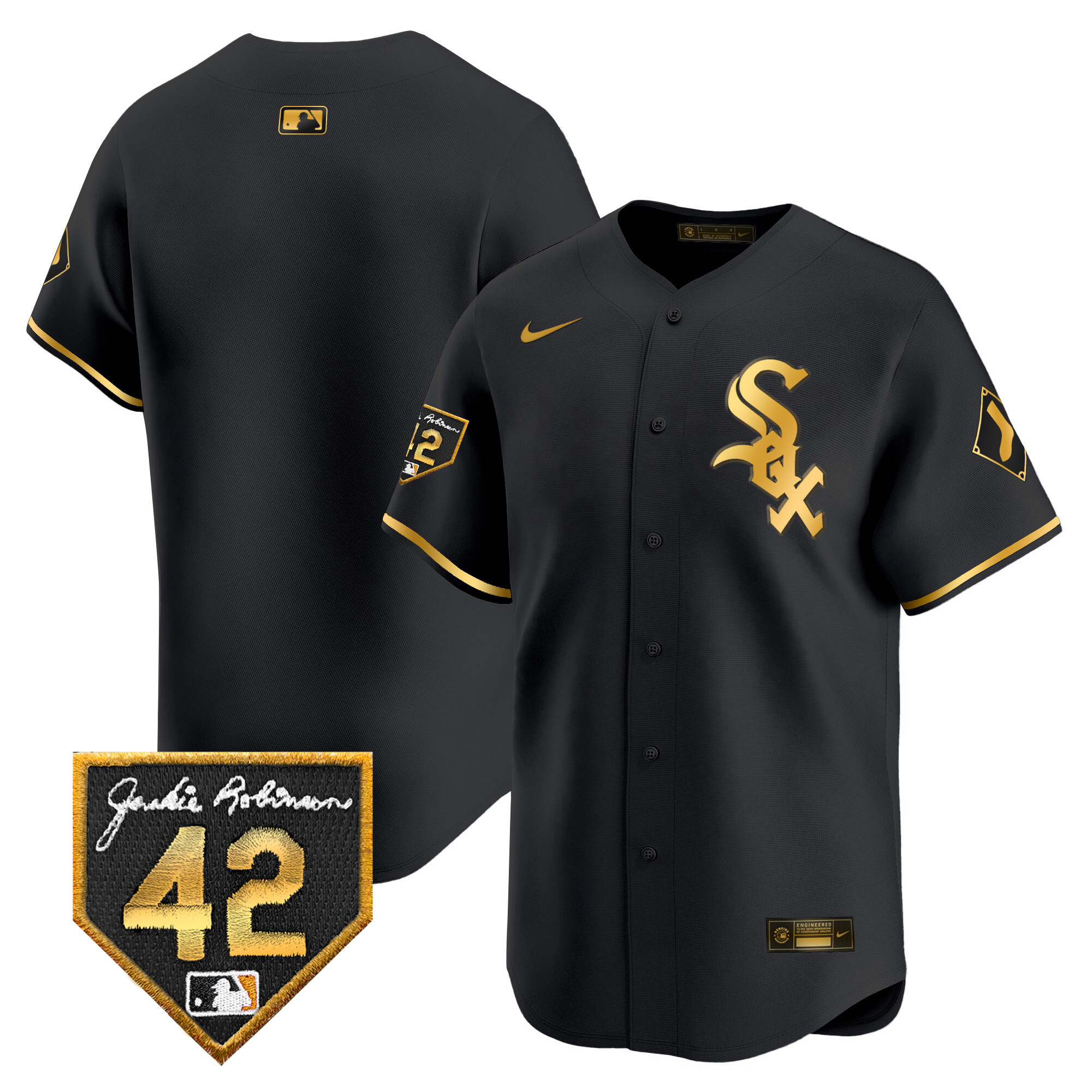 Team Men's Chicago White Sox 2024 Jackie Robinson Patch Vapor Premier Limited Black Gold Jersey - All Stitched