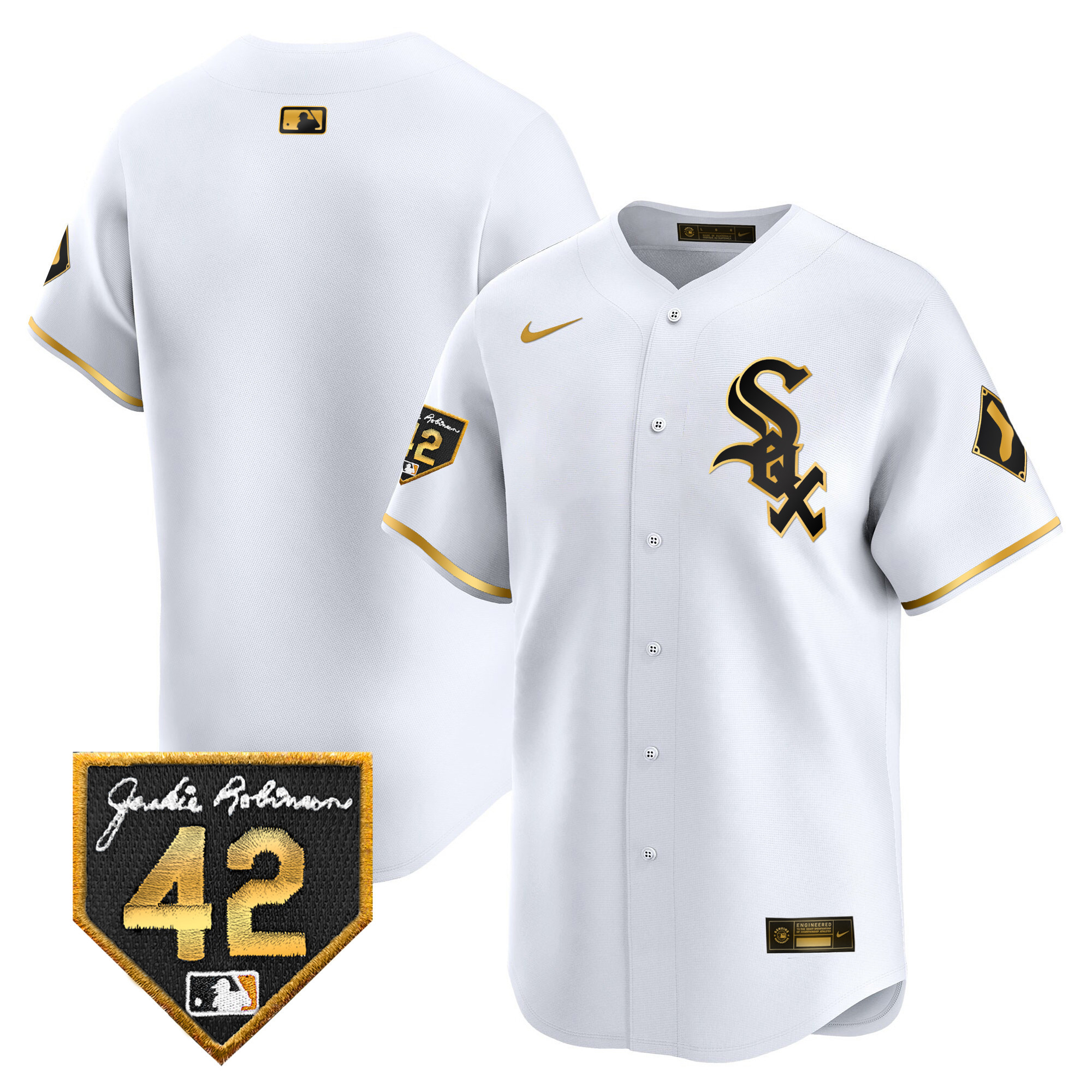 Team Men's Chicago White Sox 2024 Jackie Robinson Patch Vapor Premier Limited White Gold Jersey - All Stitched