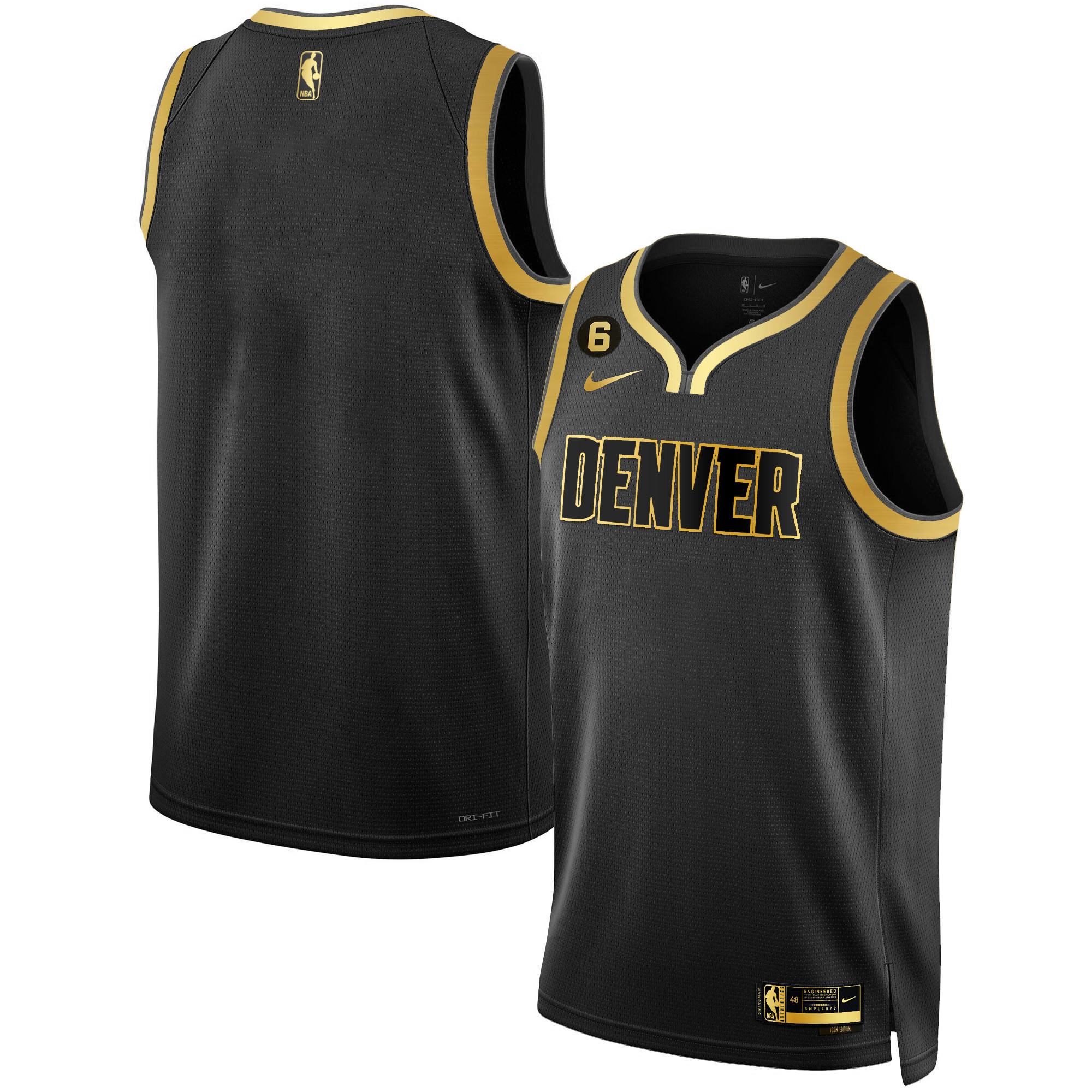 Team Men's Denver Nuggets #6 Patch Collection Black Gold Jersey - All Stitched