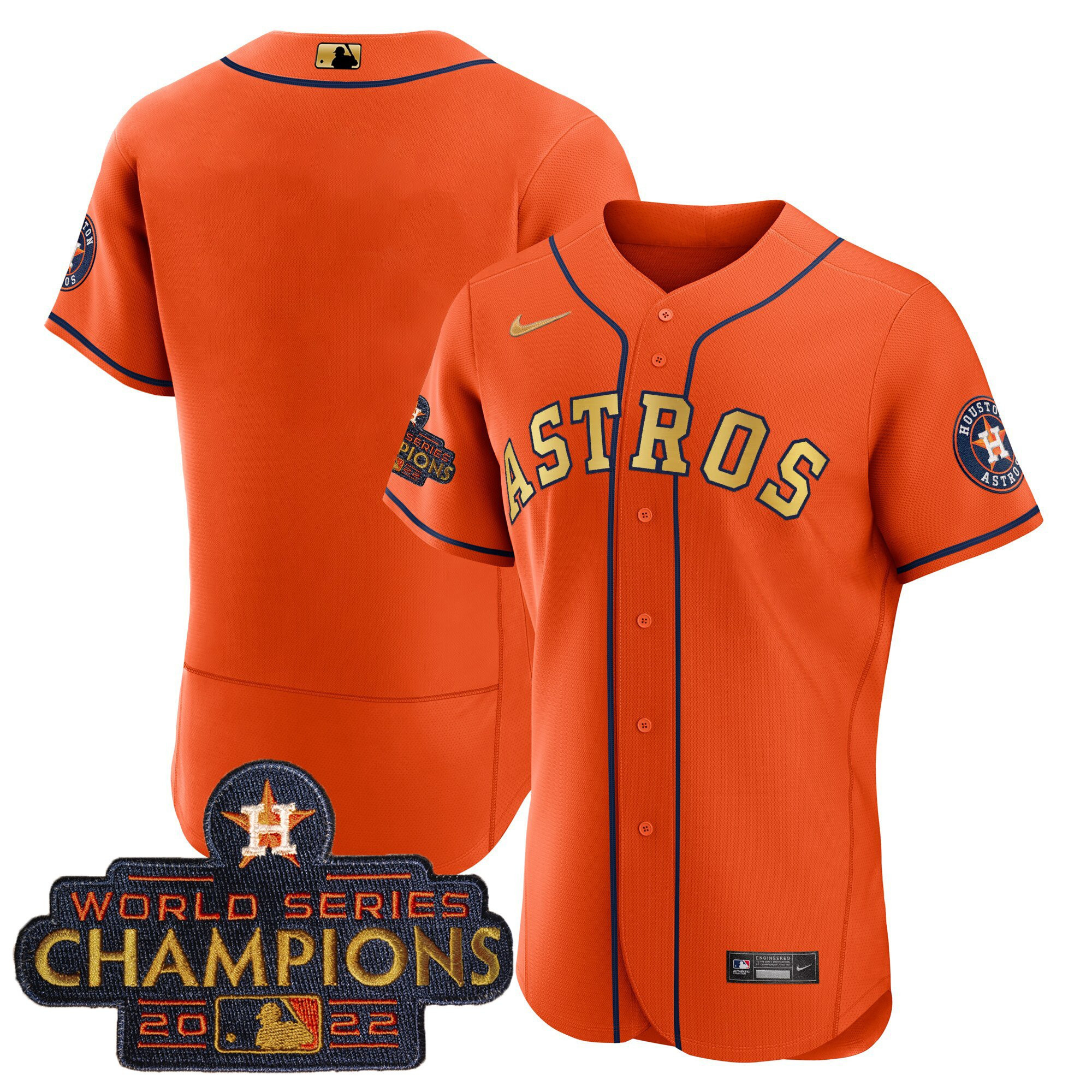 Team Men's Houston Astros 2023 Champions Orange Gold Flex Base Jersey - All Stitched