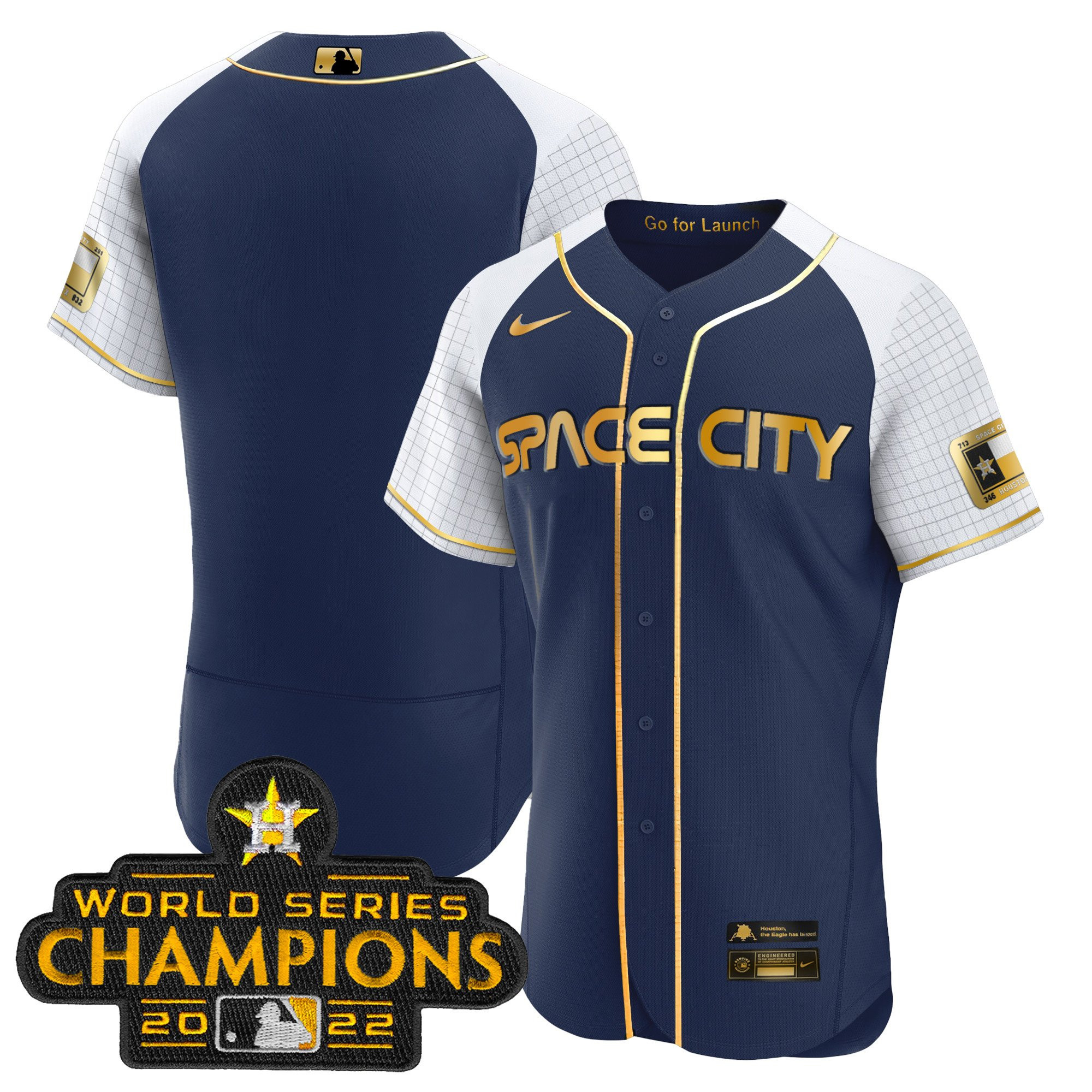 Team Men's Houston Astros 2023 Space City Champions Alternate Navy Flex Navy Gold Jersey - All Stitched