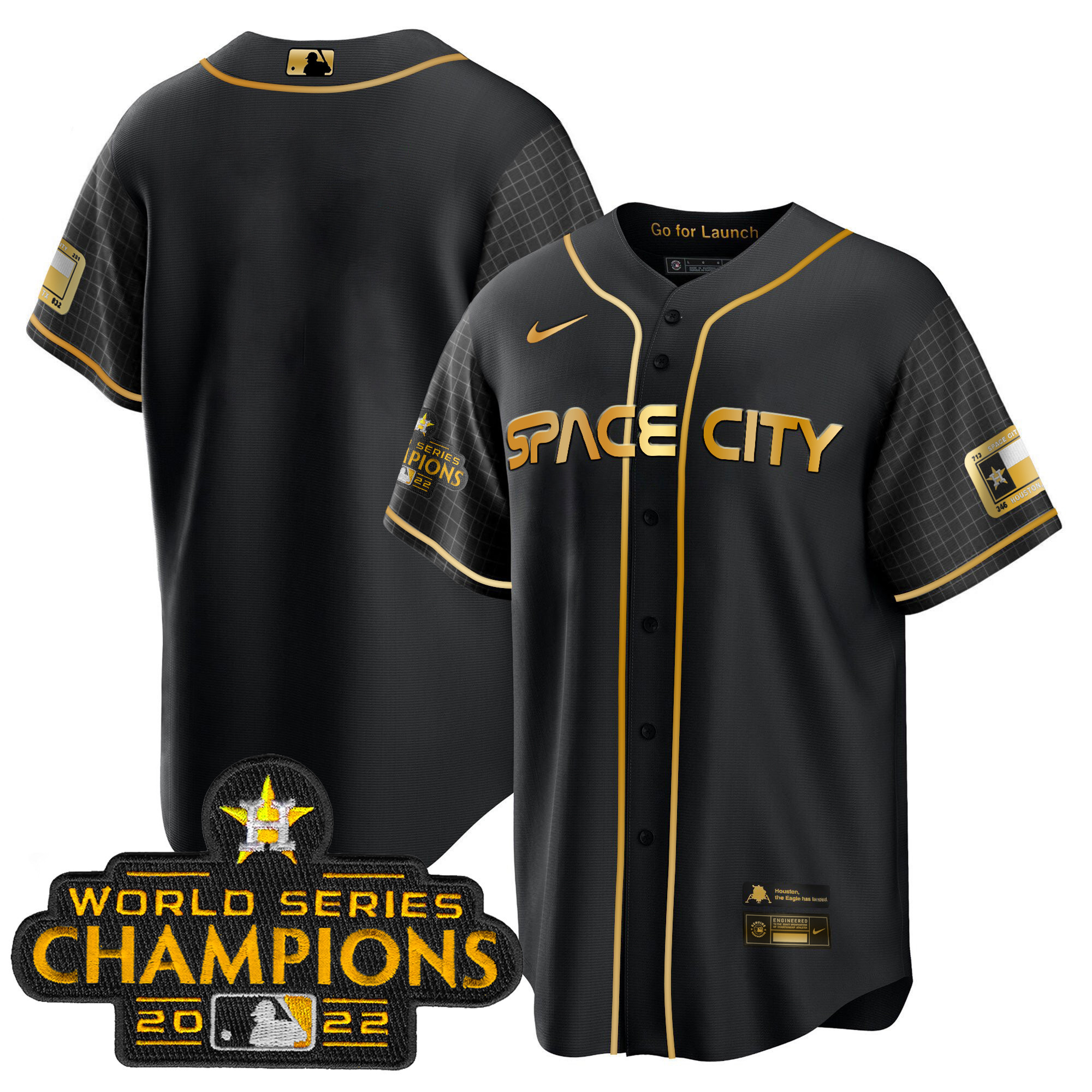 Team Men's Houston Astros 2023 Space City Champions Cool Black Gold Jersey - All Stitched