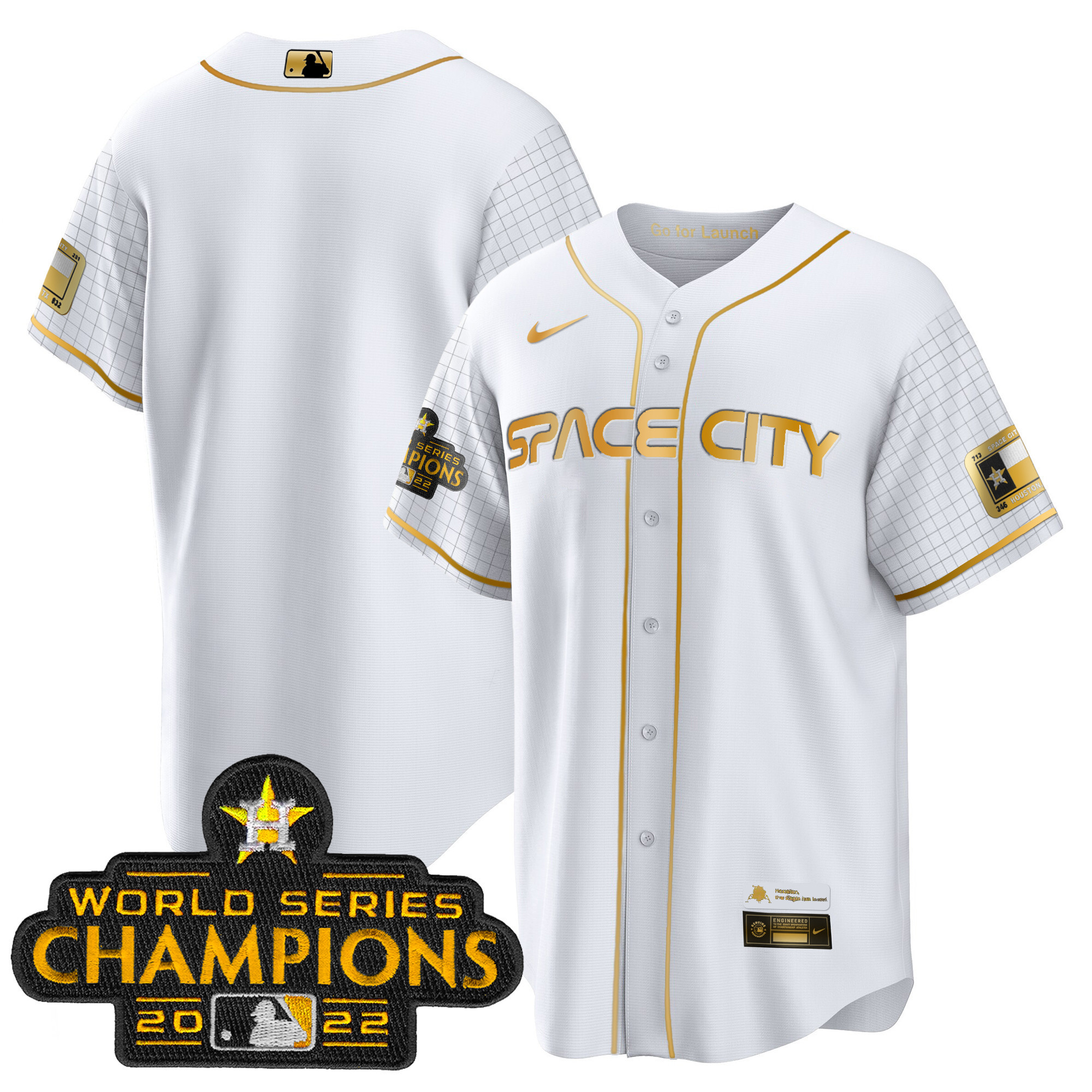 Team Men's Houston Astros 2023 Space City Champions Cool White Gold Jersey - All Stitched