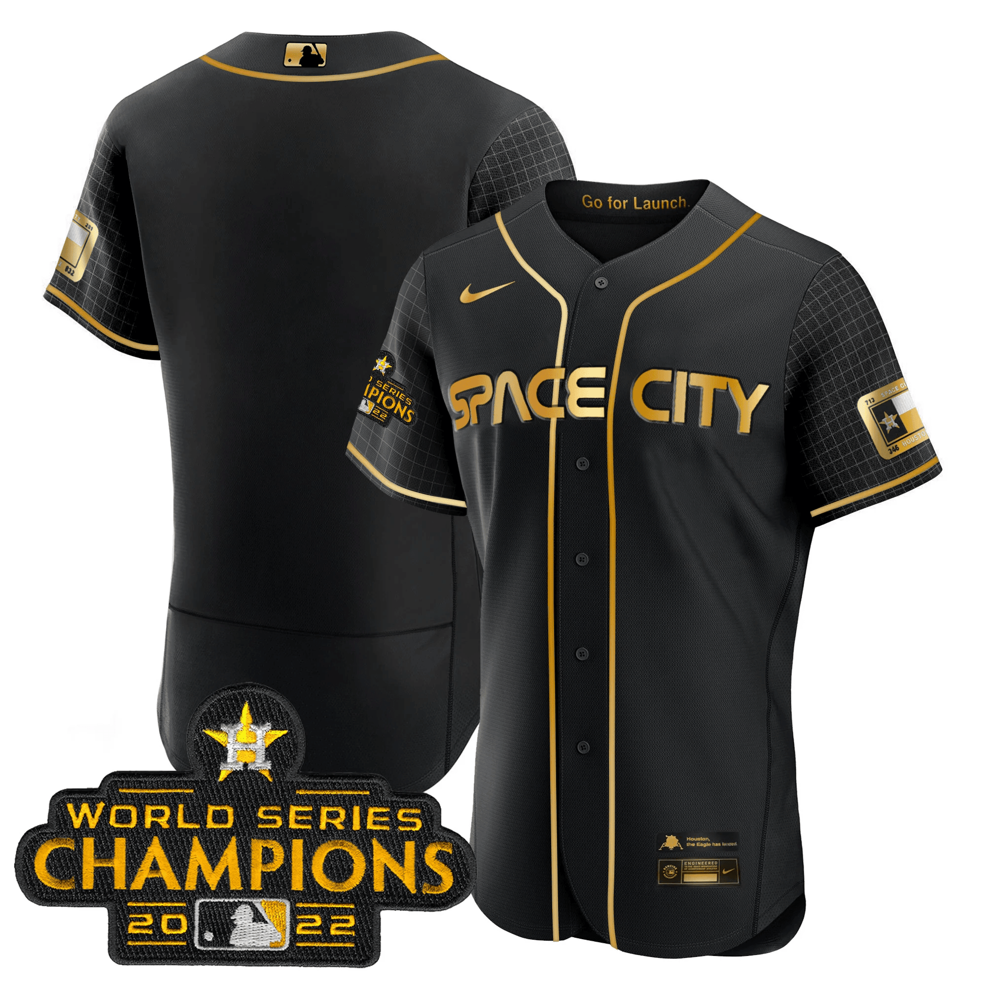Team Men's Houston Astros 2023 Space City Champions Flex Black Gold Jersey - All Stitched