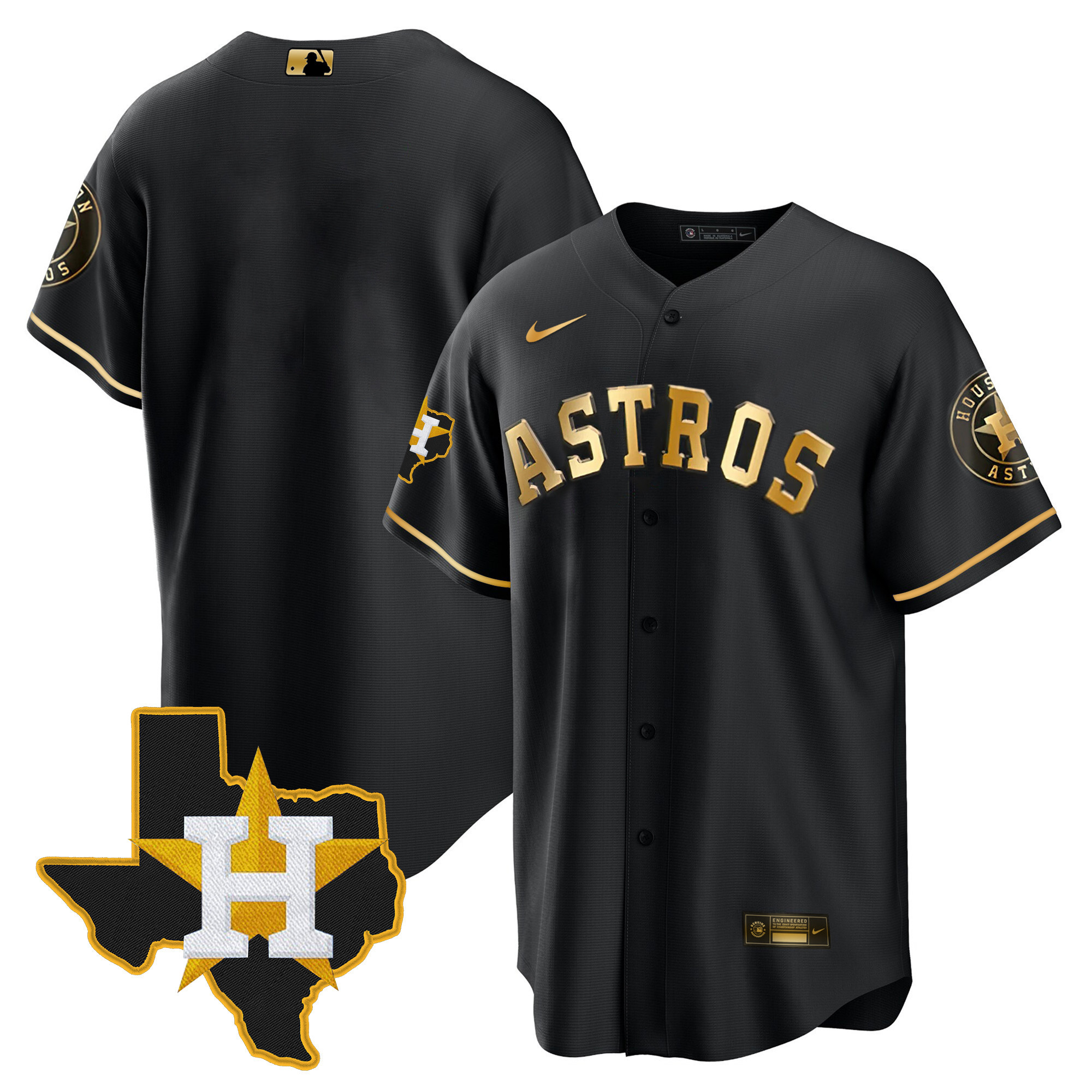 Team Men's Houston Astros 2024 Gold - Texas Patch Cool Black Jersey - All Stitched
