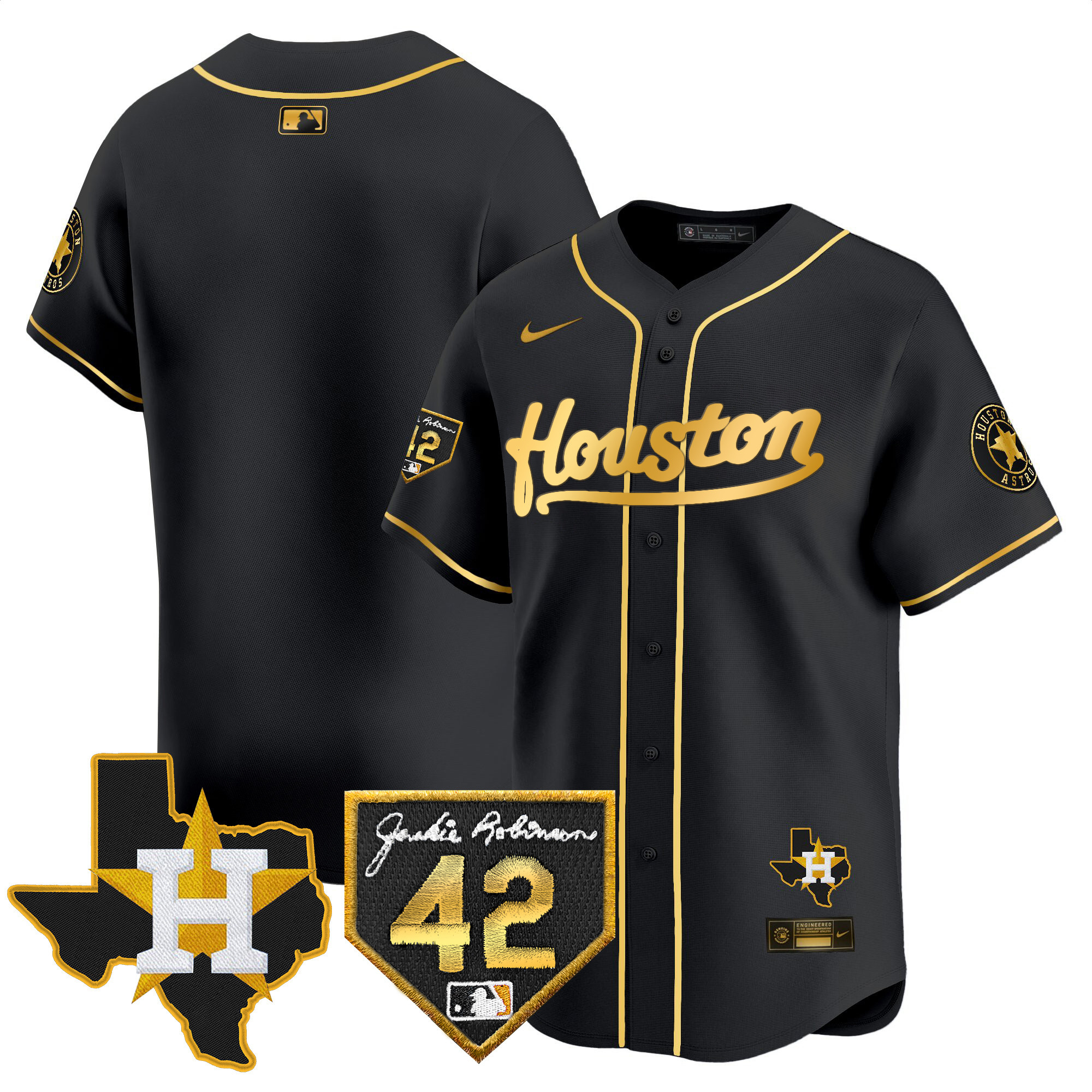 Team Men's Houston Astros 2024 Jackie Robinson Patch Vapor Premier Limited Black Gold Jersey - All Stitched