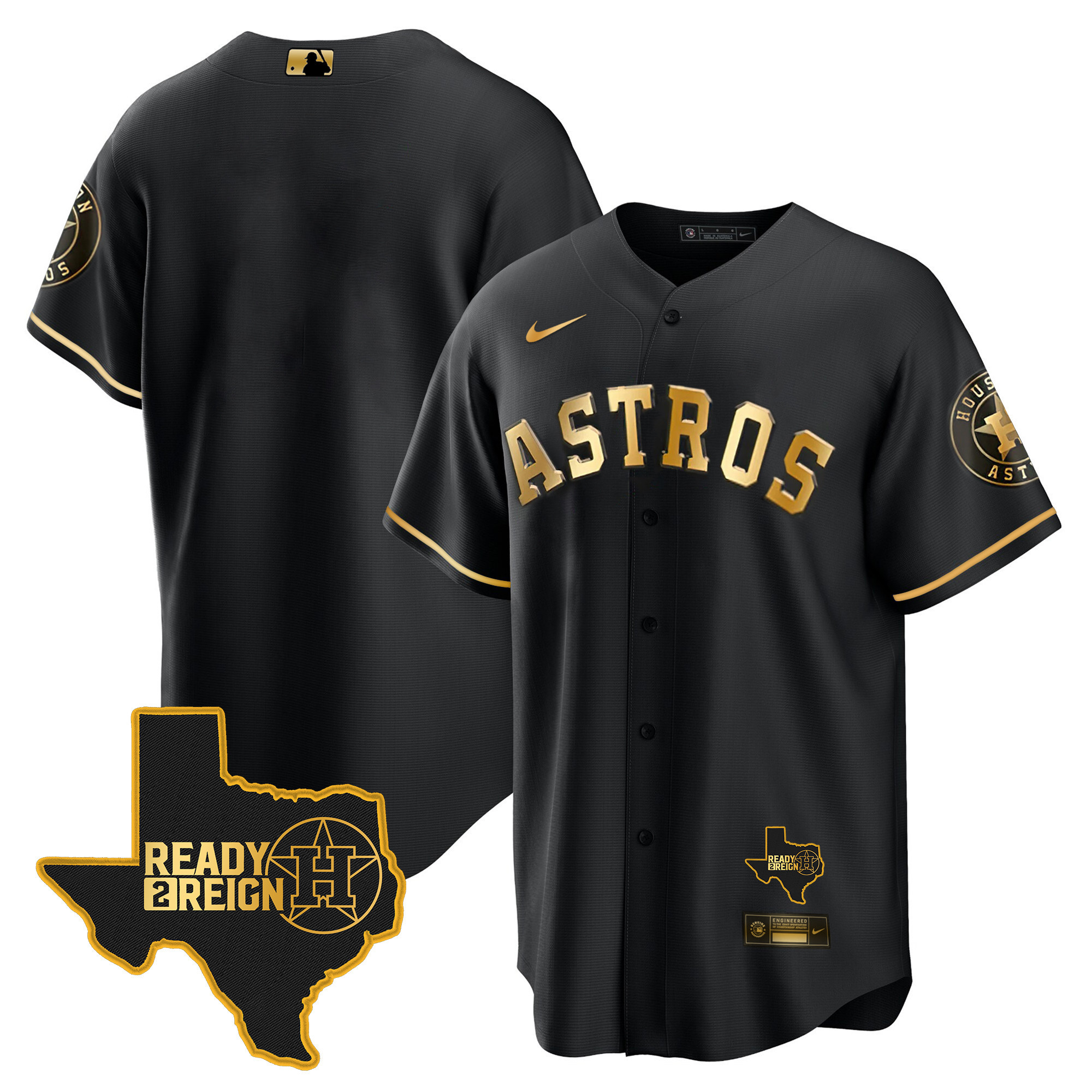 Team Men's Houston Astros 2024 Ready 2 Reign Cool Base Black Gold Jersey - All Stitched