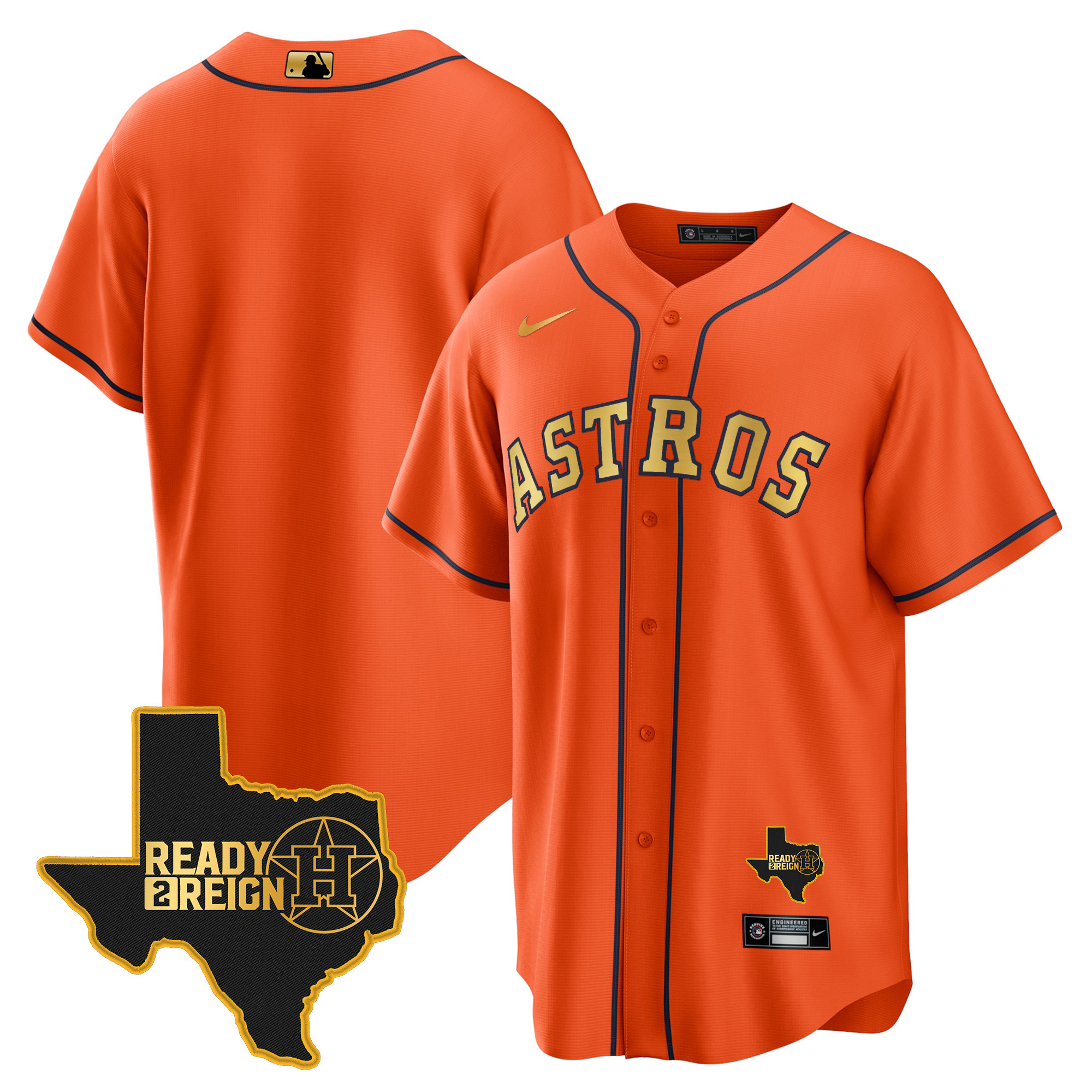 Team Men's Houston Astros 2024 Ready 2 Reign Cool Base Orange Gold Jersey - All Stitched