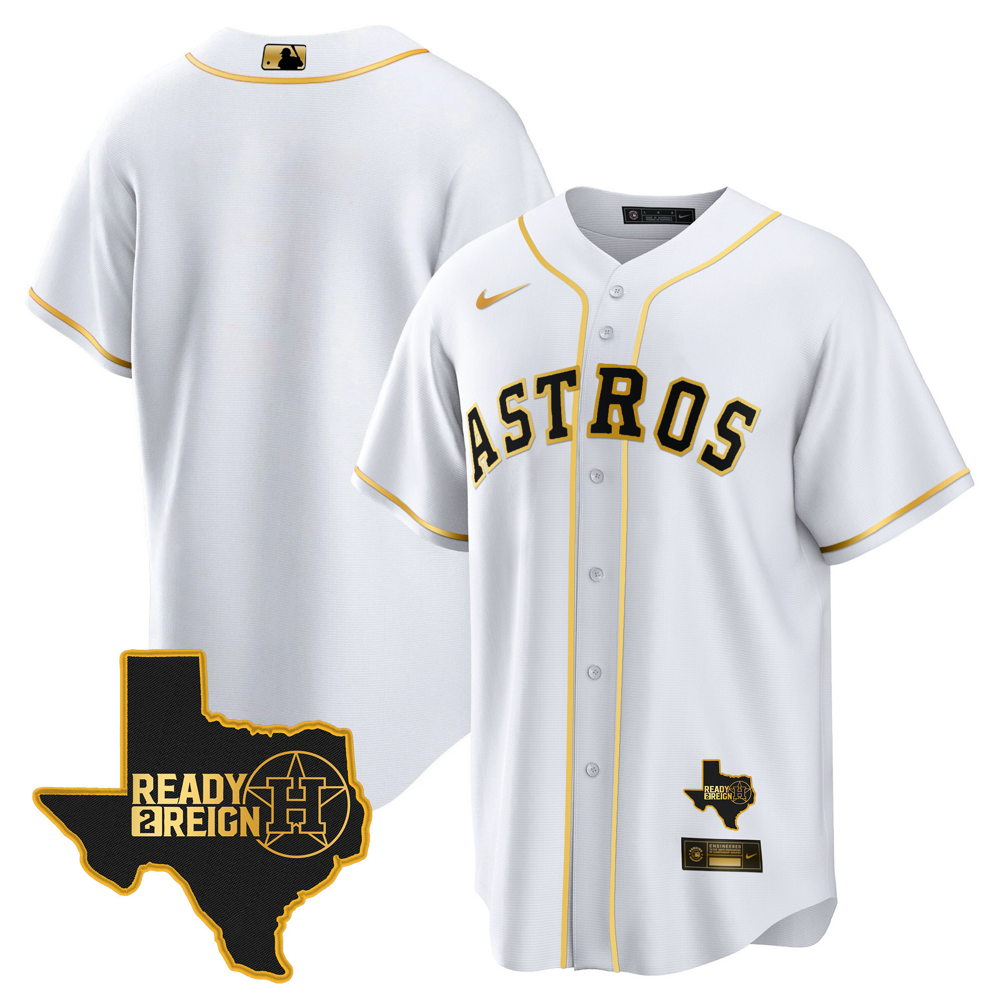Team Men's Houston Astros 2024 Ready 2 Reign Cool Base White Gold Jersey - All Stitched