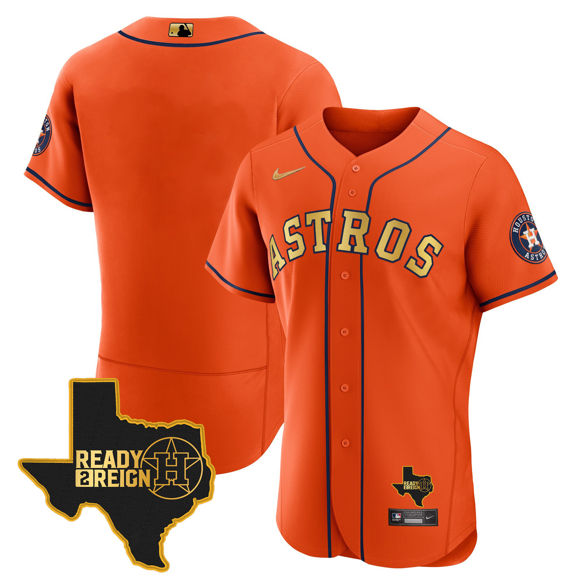 Team Men's Houston Astros 2024 Ready 2 Reign Flex Base Orange Gold Jersey - All Stitched