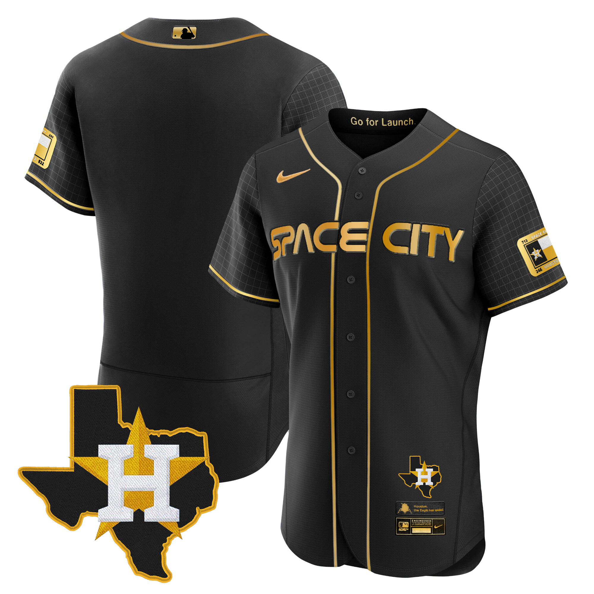 Team Men's Houston Astros 2024 Space City Flex Base - Texas Patch Black Gold Jersey - All Stitched