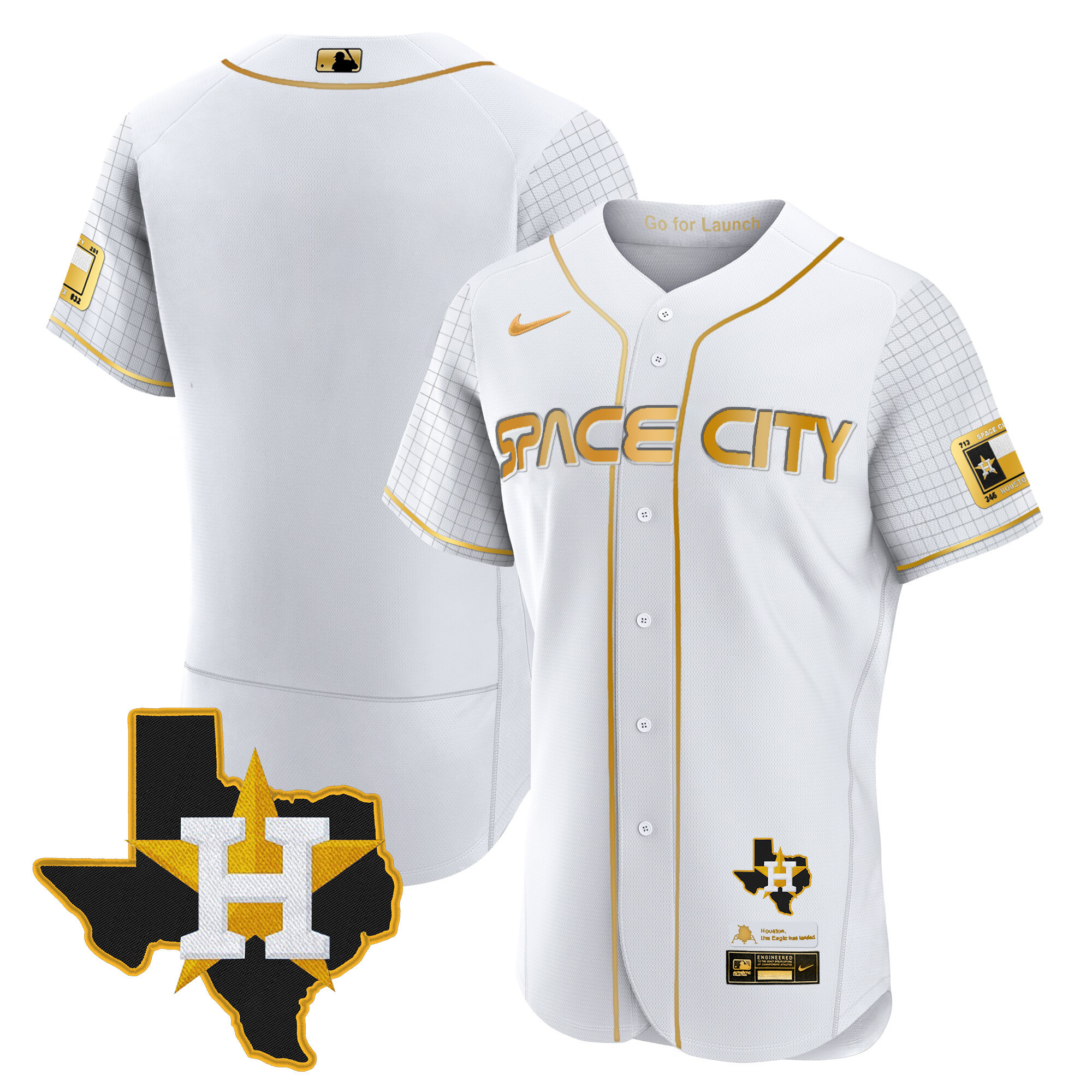 Team Men's Houston Astros 2024 Space City Flex Base - Texas Patch White Gold Jersey - All Stitched