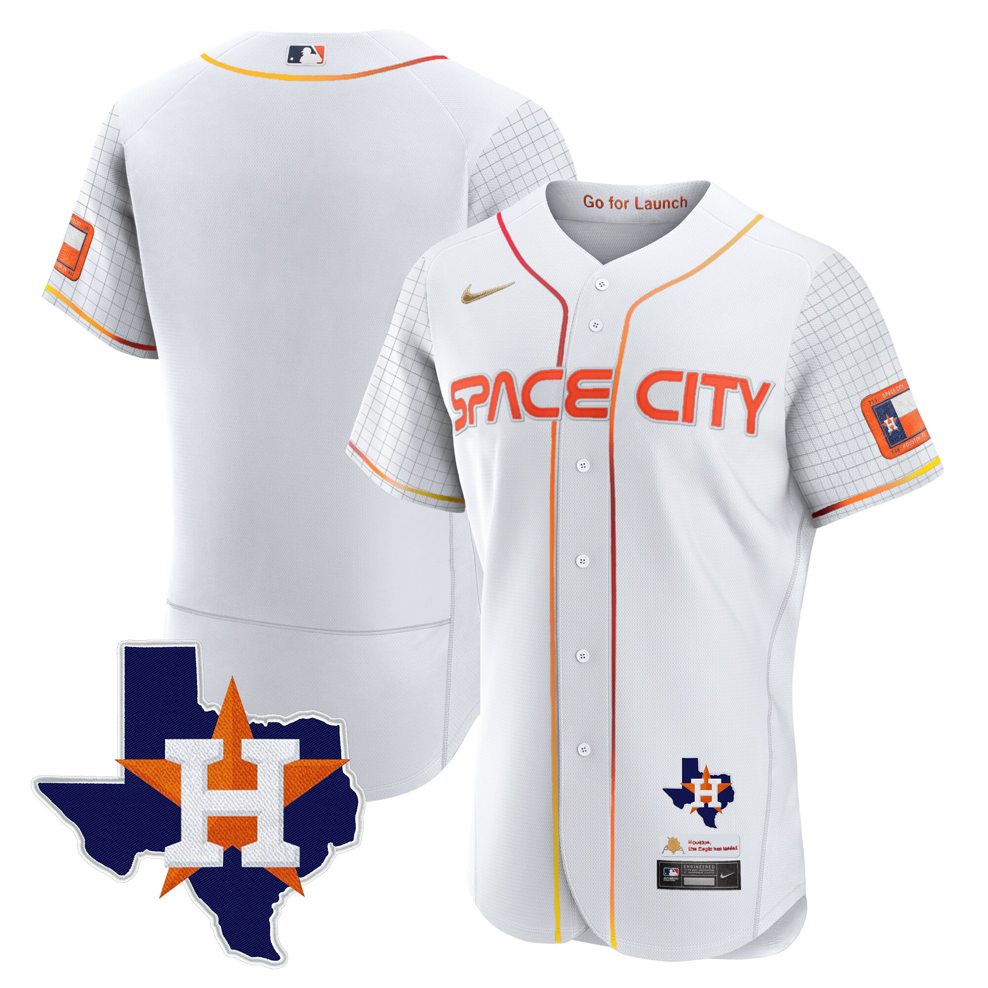 Team Men's Houston Astros 2024 Space City Flex Base - Texas Patch White Jersey - All Stitched