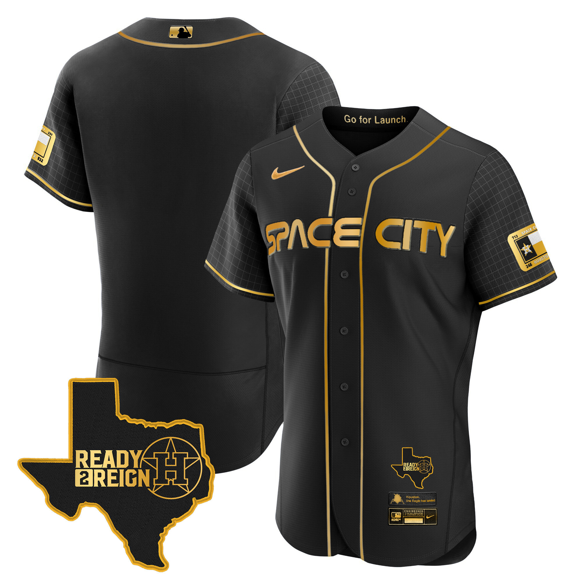 Team Men's Houston Astros 2024 Space City Ready 2 Reign Flex Base Black Gold Jersey - All Stitched