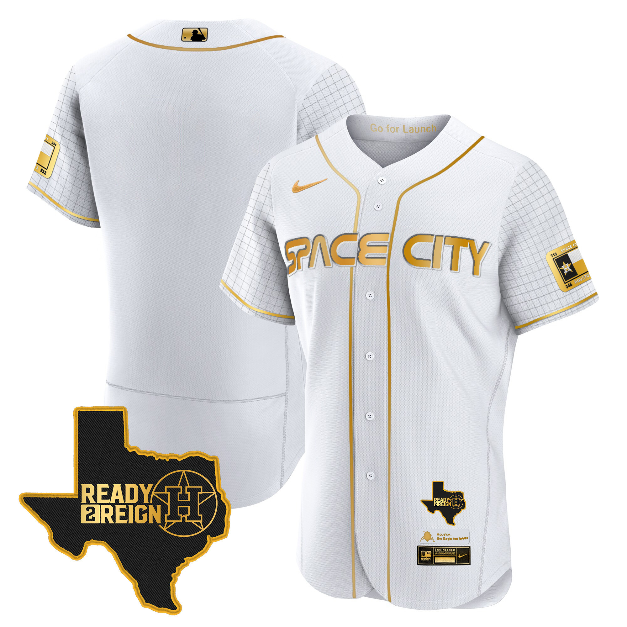 Team Men's Houston Astros 2024 Space City Ready 2 Reign Flex Base White Gold Jersey - All Stitched