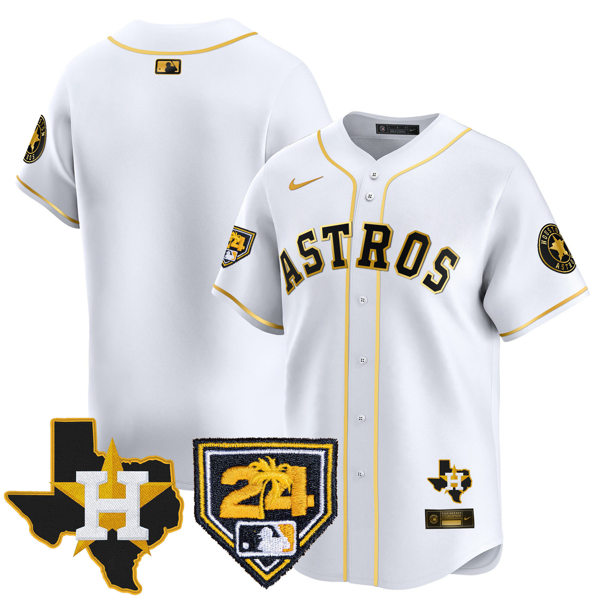 Team Men's Houston Astros 2024 Spring Training & Texas Patch Vapor Premier Limited White Gold Jersey - All Stitched
