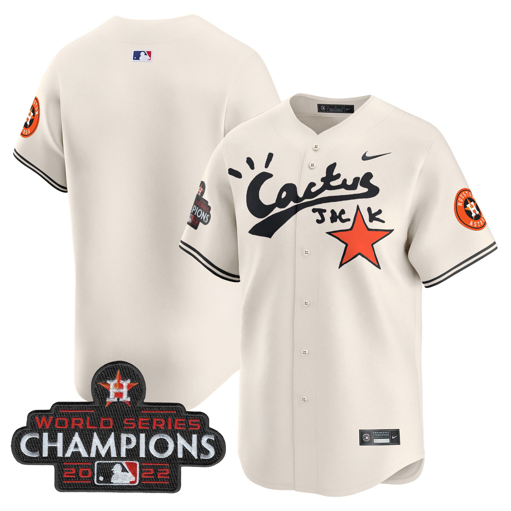 Team Men's Houston Astros Cactus Jack Champions Patch Vapor Premier Limited Cream Jersey - All Stitched