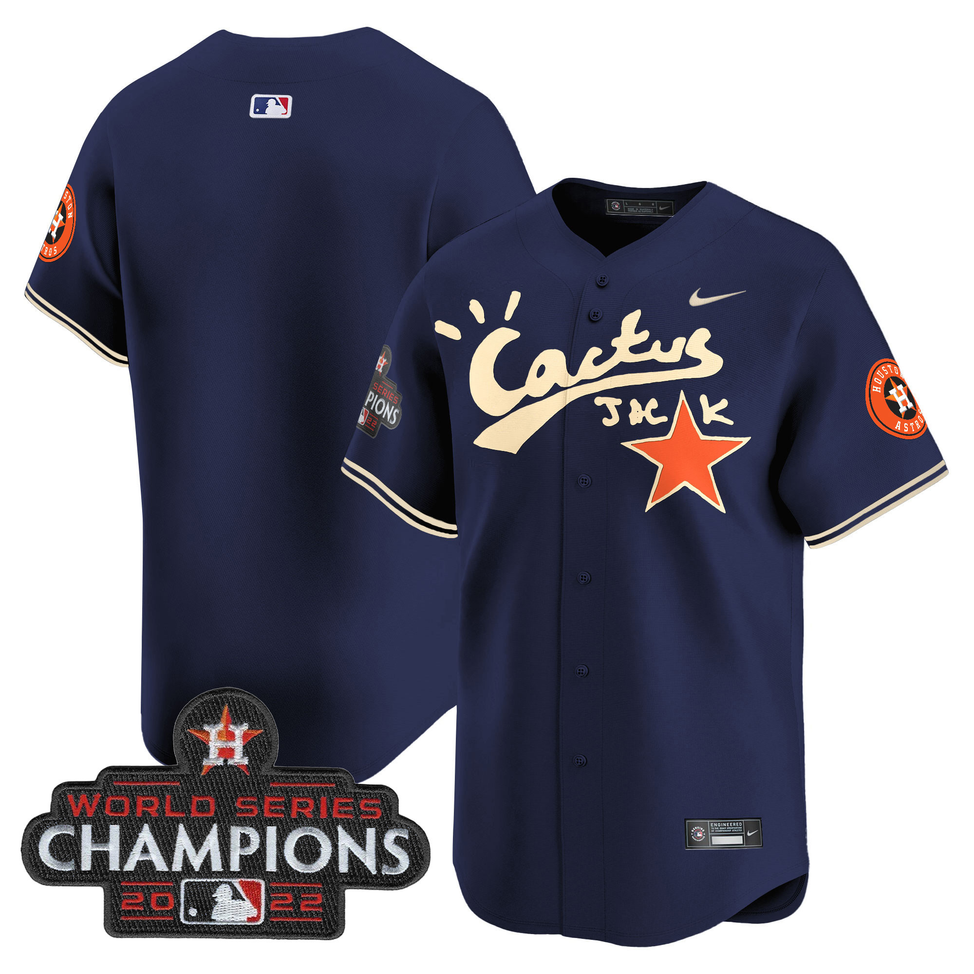 Team Men's Houston Astros Cactus Jack Champions Patch Vapor Premier Limited Navy Jersey - All Stitched
