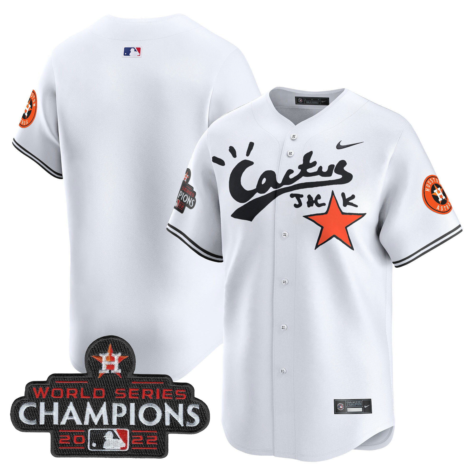Team Men's Houston Astros Cactus Jack Champions Patch Vapor Premier Limited White Jersey - All Stitched