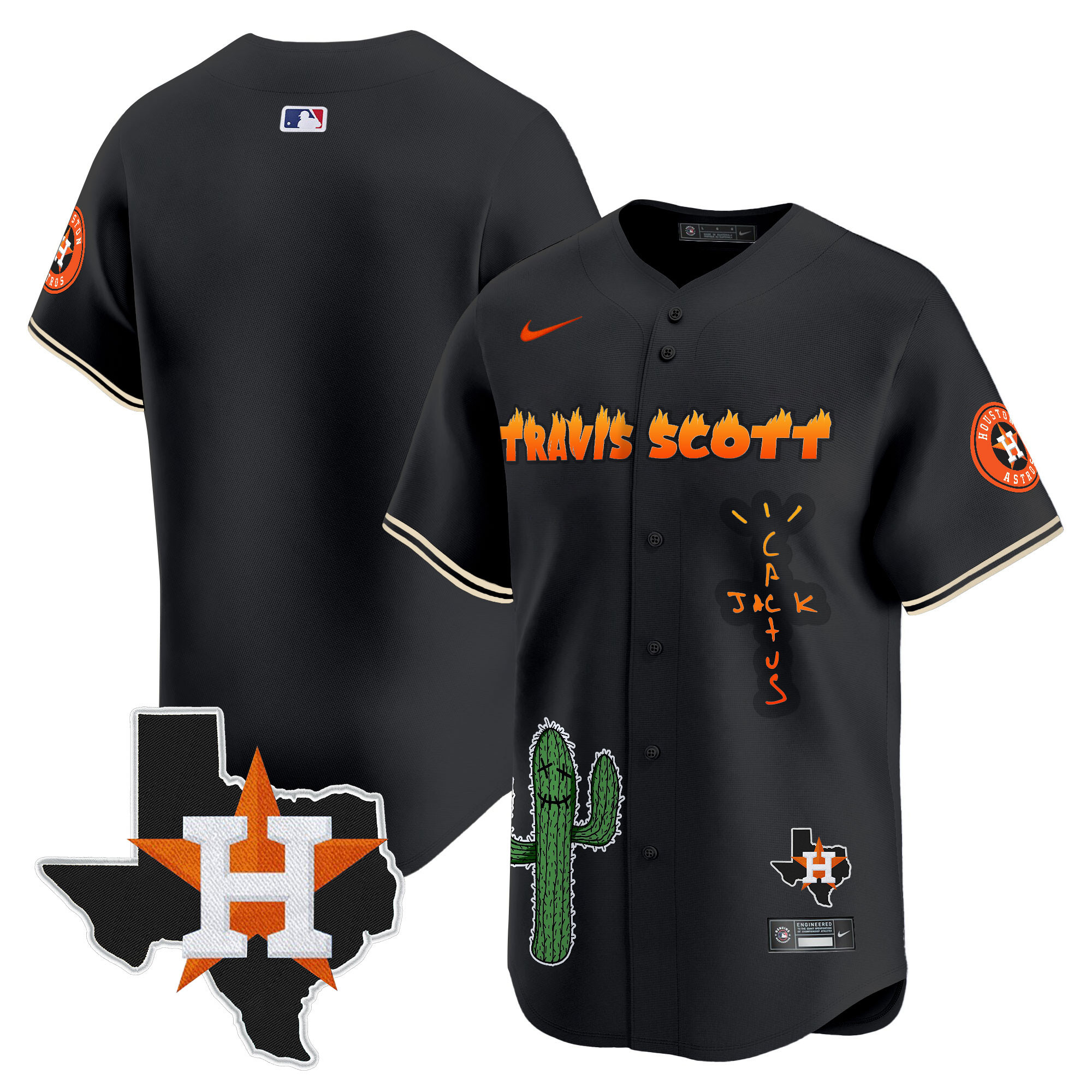 Team Men's Houston Astros Cactus Jack Patch Vapor Premier Limited V9 Black Jersey - All Stitched