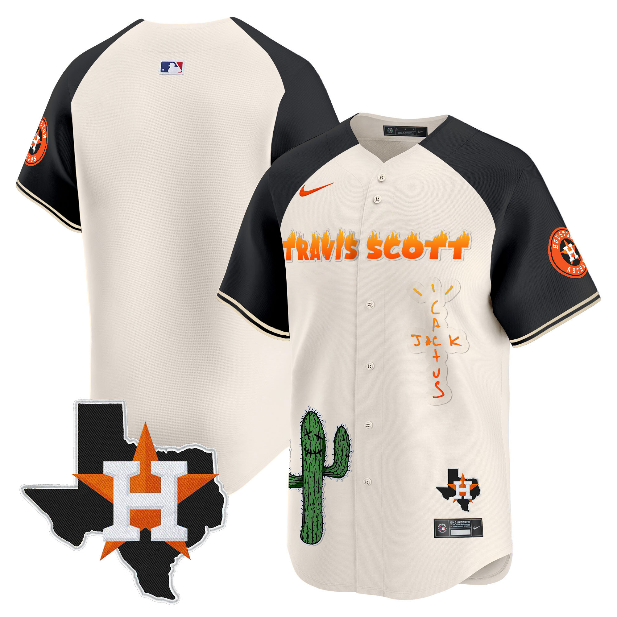 Team Men's Houston Astros Cactus Jack Patch Vapor Premier Limited V9 Cream Alternate Jersey - All Stitched