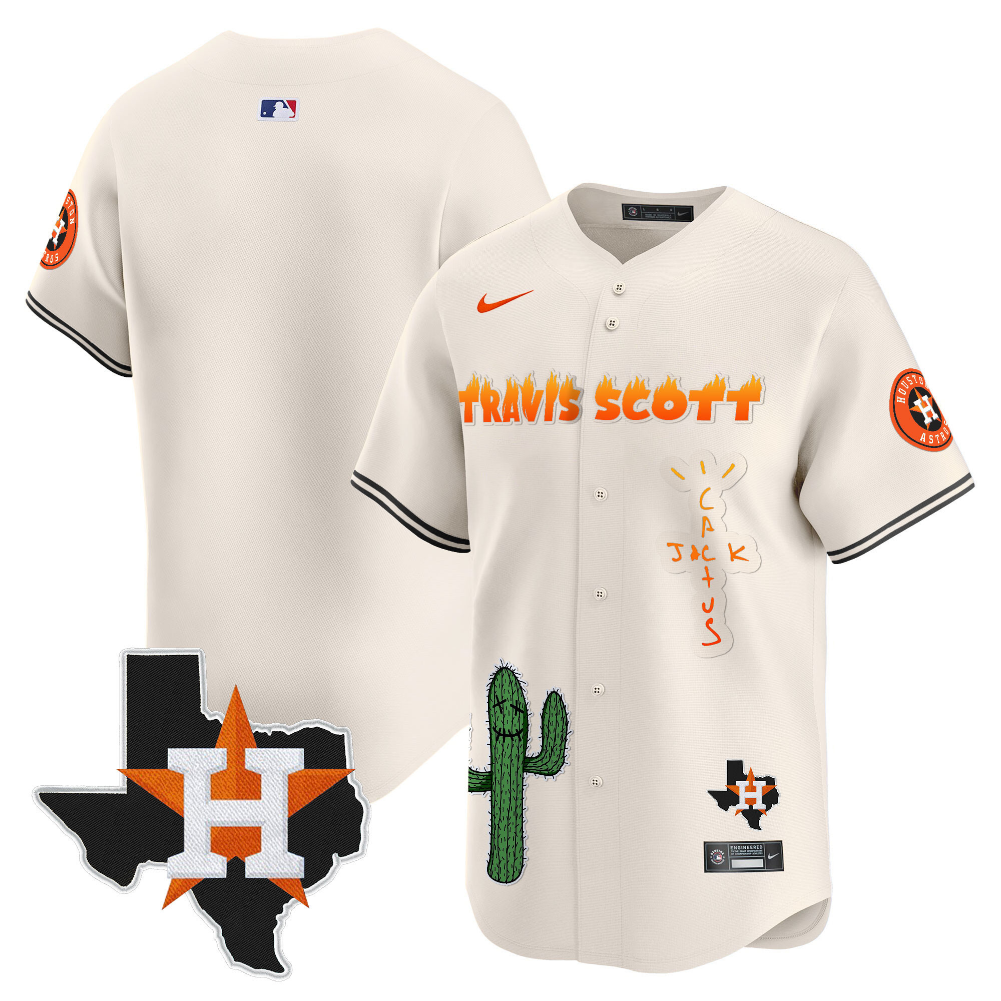 Team Men's Houston Astros Cactus Jack Patch Vapor Premier Limited V9 Cream Jersey - All Stitched