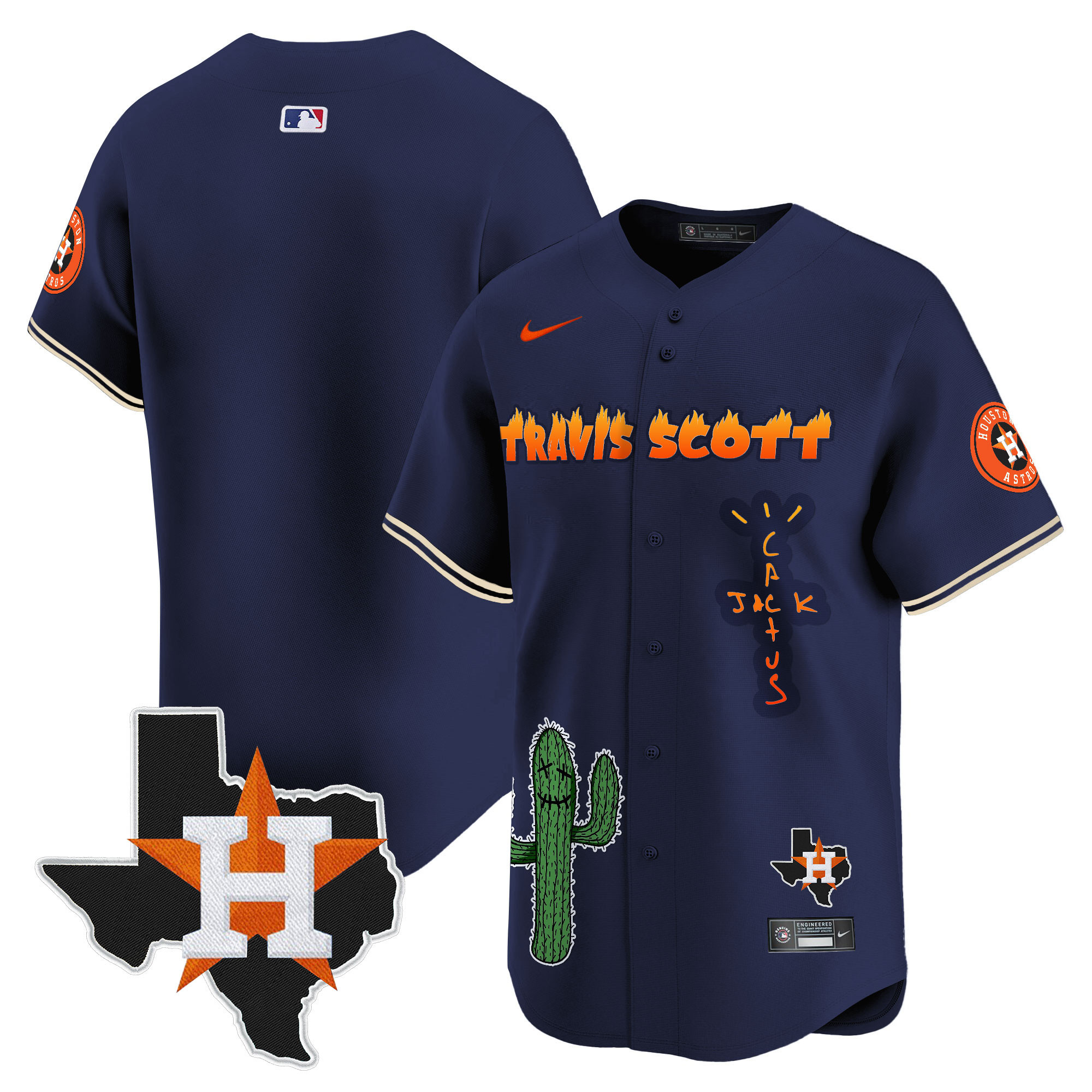 Team Men's Houston Astros Cactus Jack Patch Vapor Premier Limited V9 Navy Jersey - All Stitched