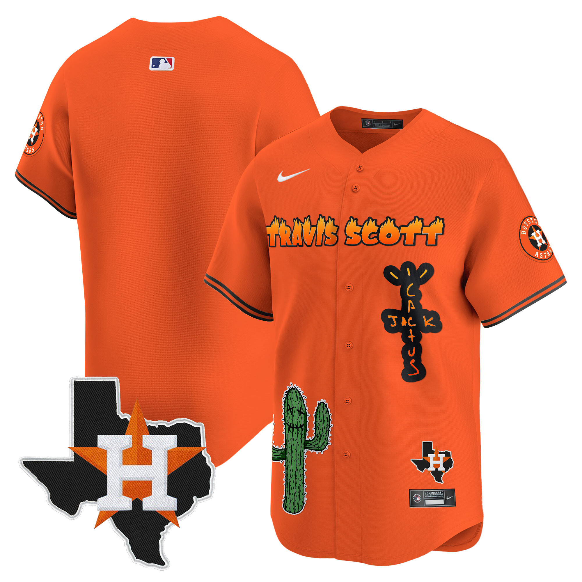 Team Men's Houston Astros Cactus Jack Patch Vapor Premier Limited V9 Orange Jersey - All Stitched