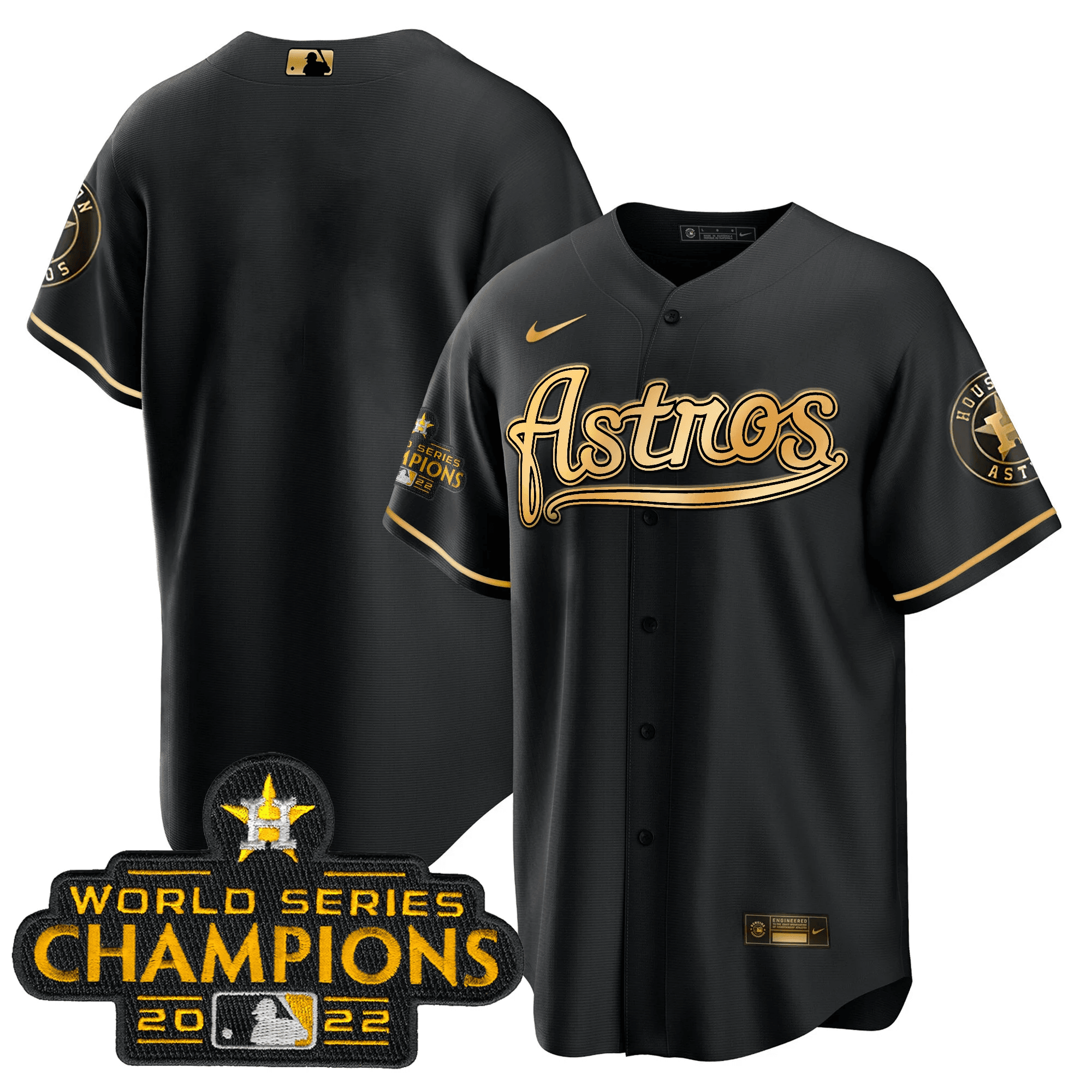 Team Men's Houston Astros Champions & Throwback Patch Gold V2 Cool Black Jersey - All Stitched