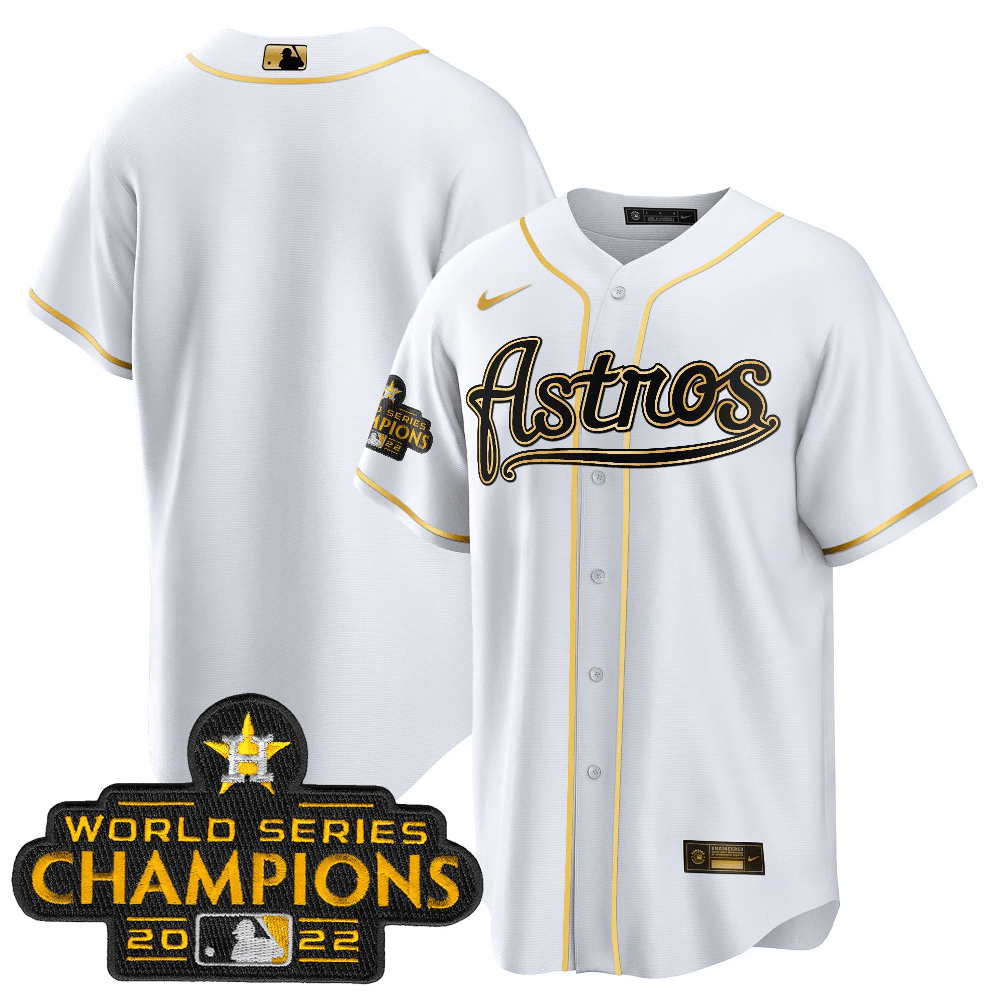 Team Men's Houston Astros Champions & Throwback Patch Gold V2 Cool White Jersey - All Stitched