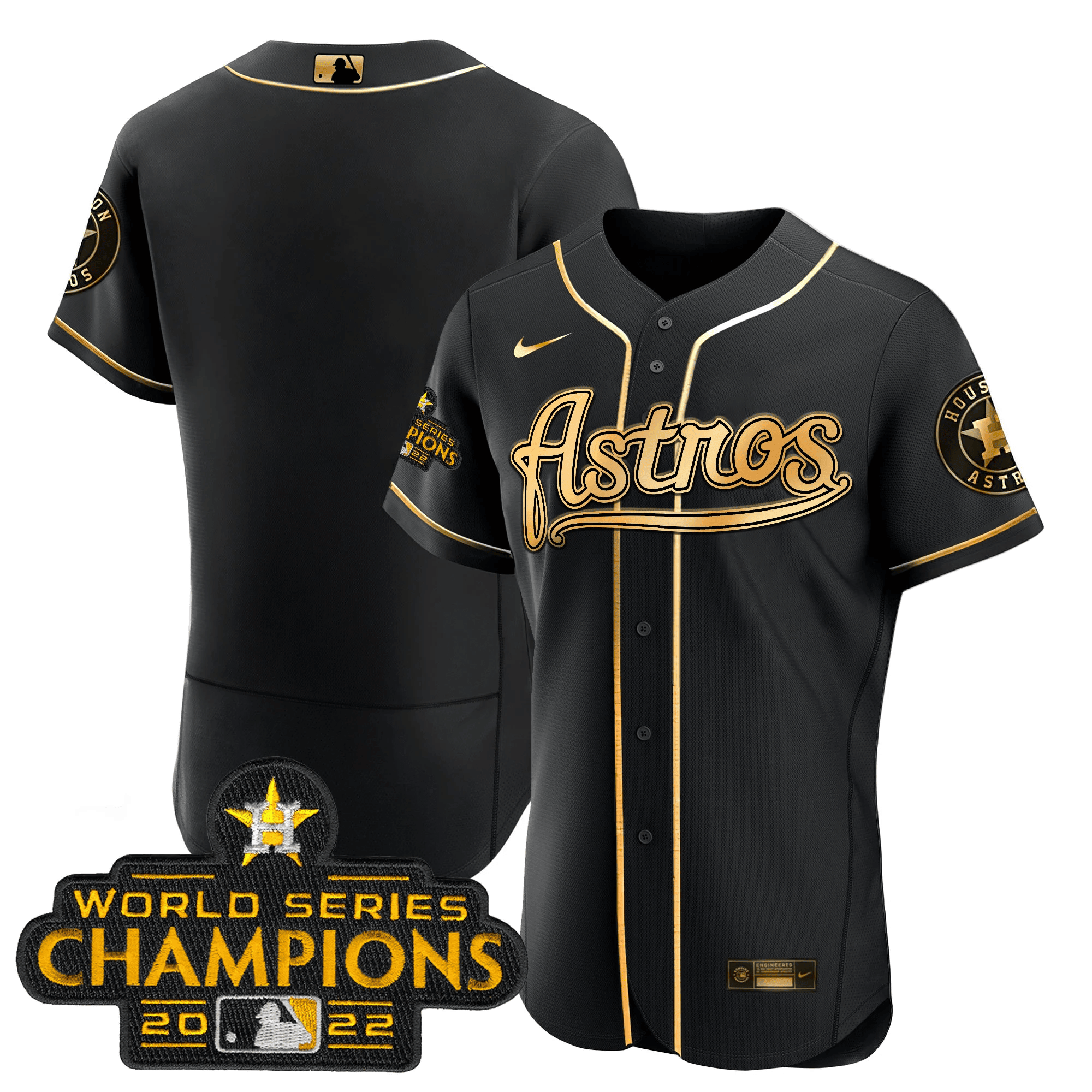 Team Men's Houston Astros Champions & Throwback Patch Gold V2 Flex Black Jersey - All Stitched