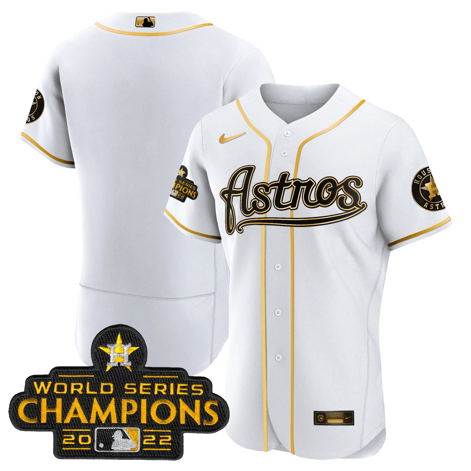 Team Men's Houston Astros Champions & Throwback Patch Gold V2 Flex White Jersey - All Stitched