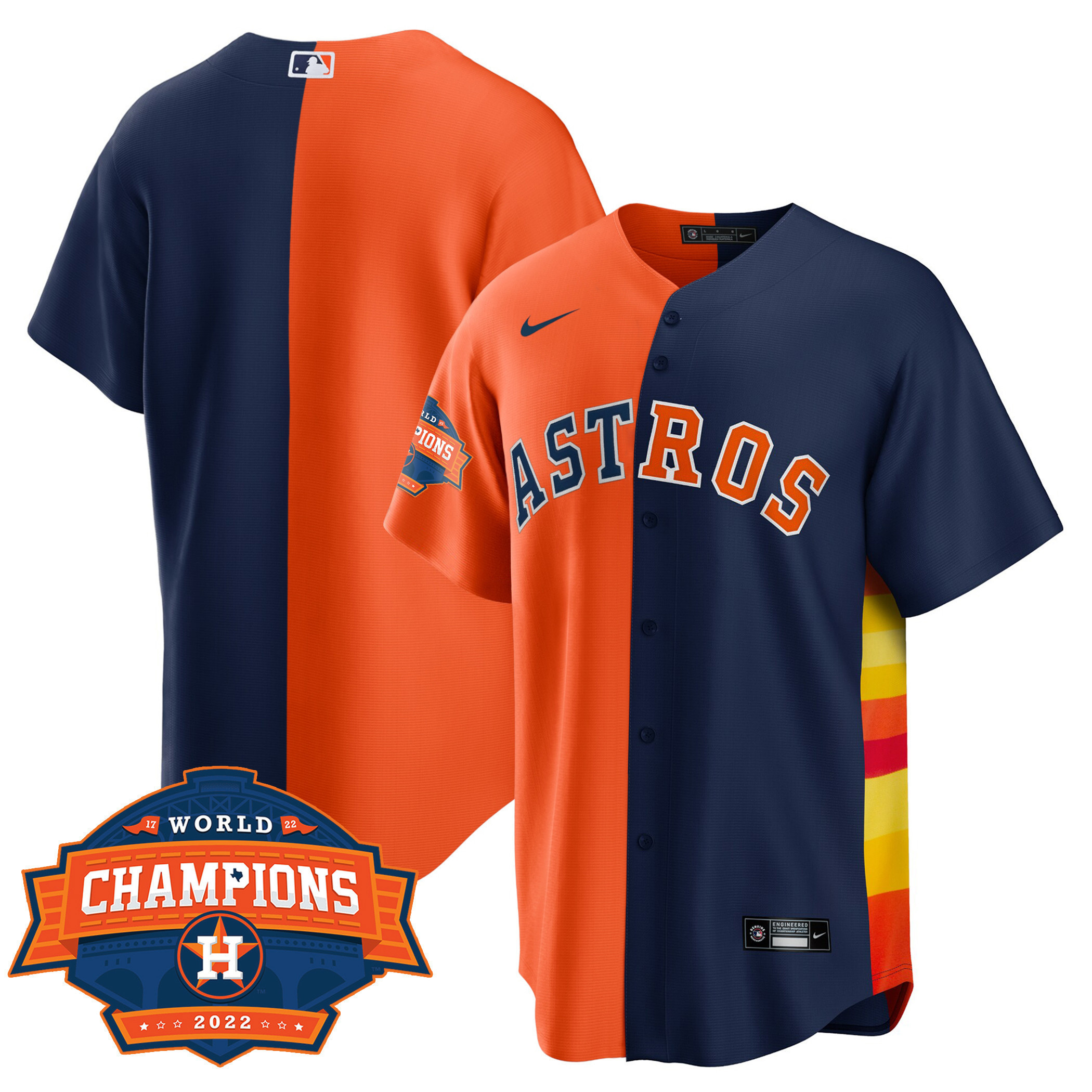 Team Men's Houston Astros Cool Base Split 2022 Champions Limited Player Orange Navy Jersey - All Stitched