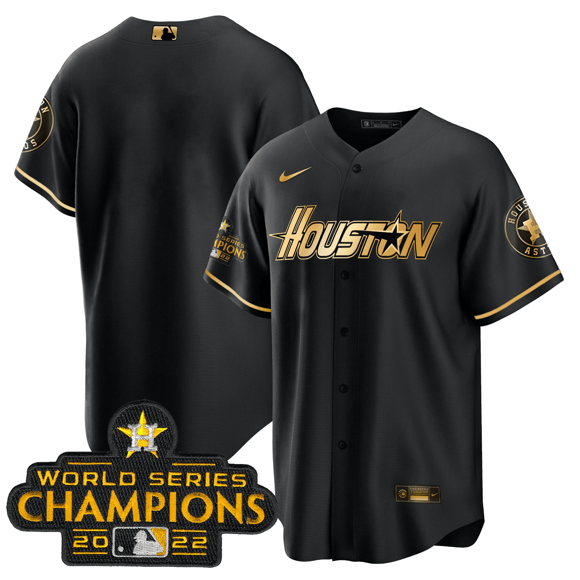 Team Men's Houston Astros Gray & Gold 2023 Champions Patch Cool Black Jersey - All Stitched