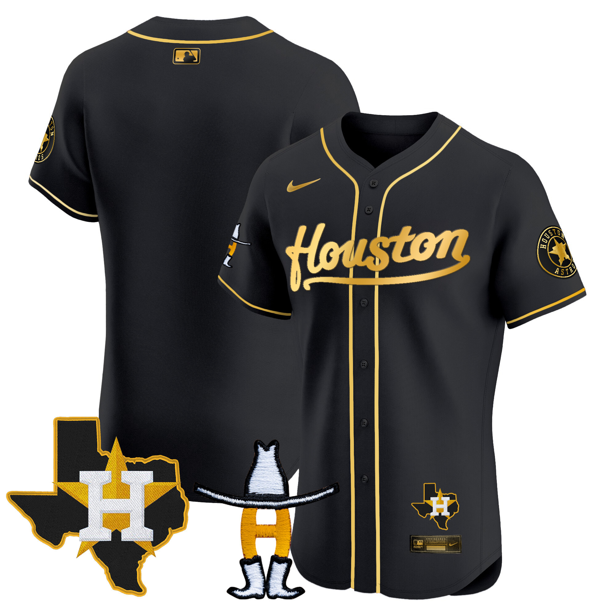 Team Men's Houston Astros Houston Rodeo Patch Vapor Premier Elite Black Gold Jersey - All Stitched