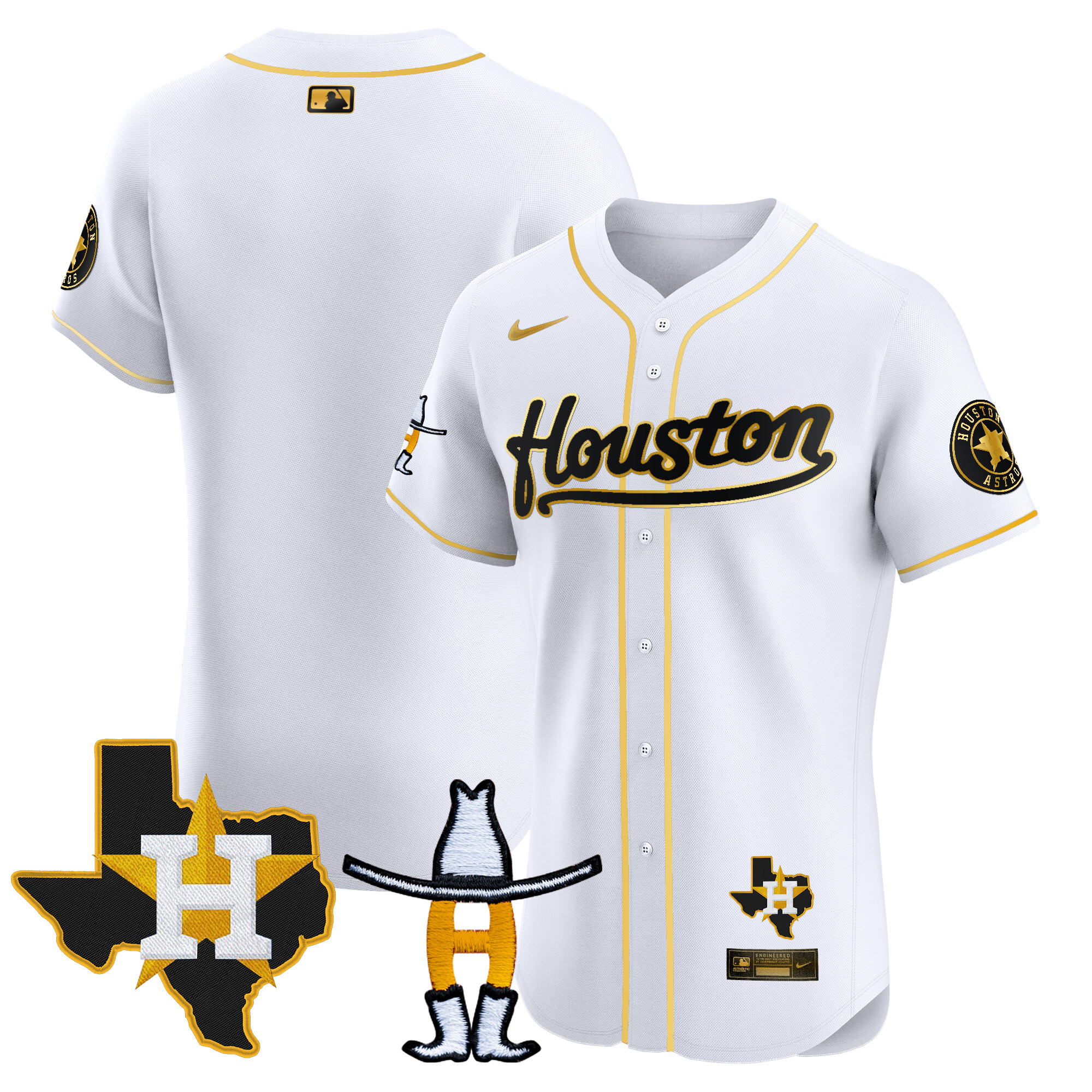 Team Men's Houston Astros Houston Rodeo Patch Vapor Premier Elite White Gold Jersey - All Stitched