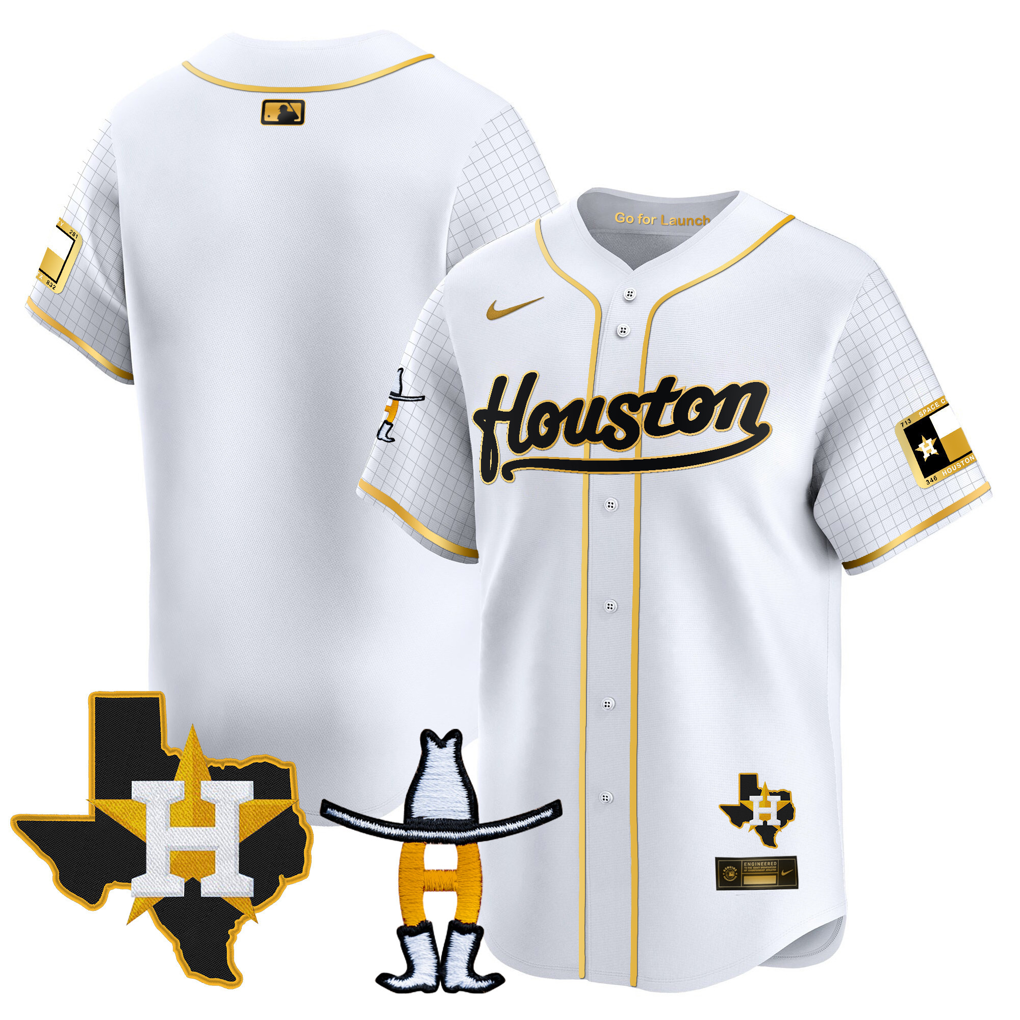 Team Men's Houston Astros Space City Houston Rodeo Patch Vapor Premier Limited White Gold Jersey - All Stitched